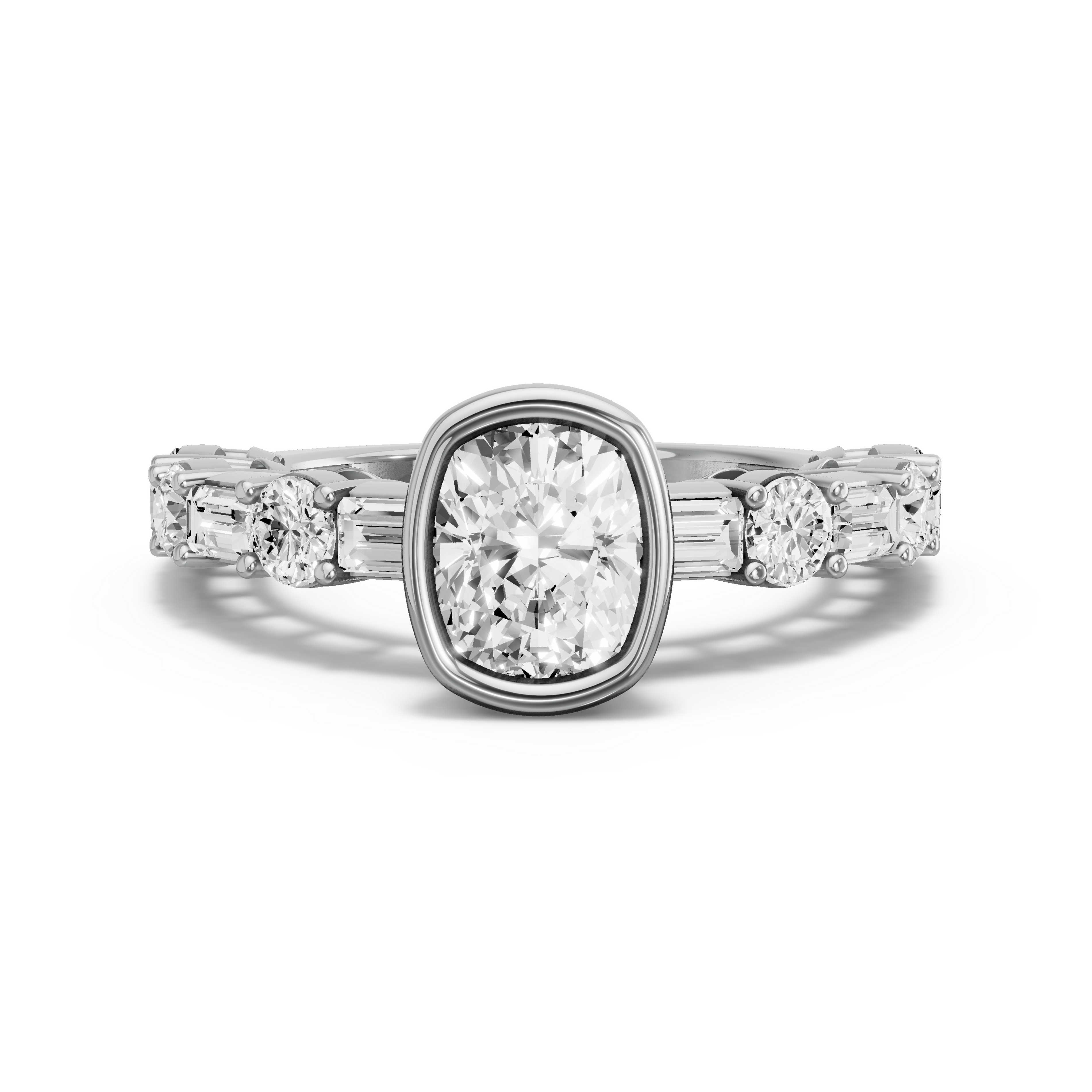 Image for Cushion Classic Bezel Ring with Alternating Baguette band in 18K White Gold
