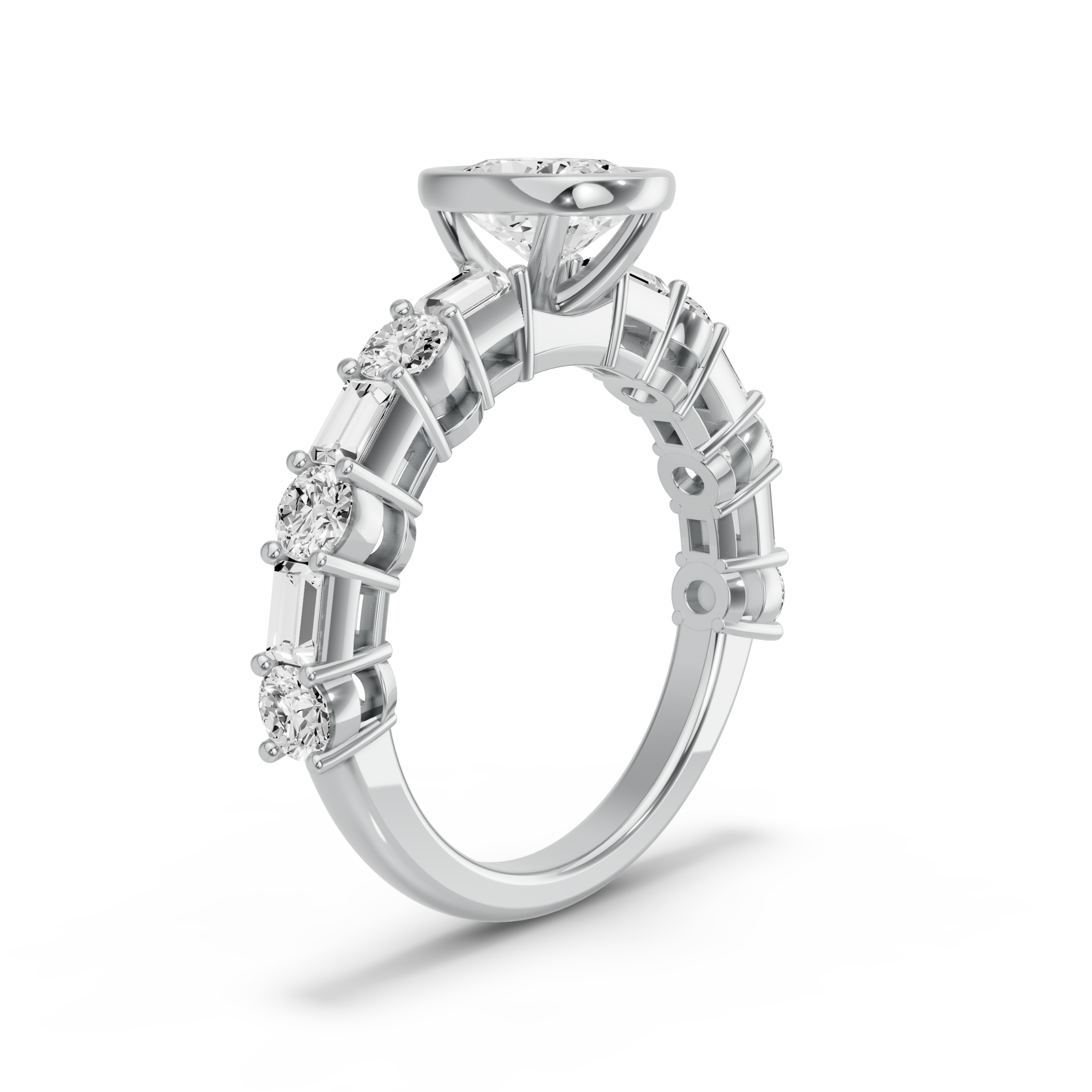 Image for Cushion Classic Bezel Ring with Alternating Baguette band in 10K White Gold
