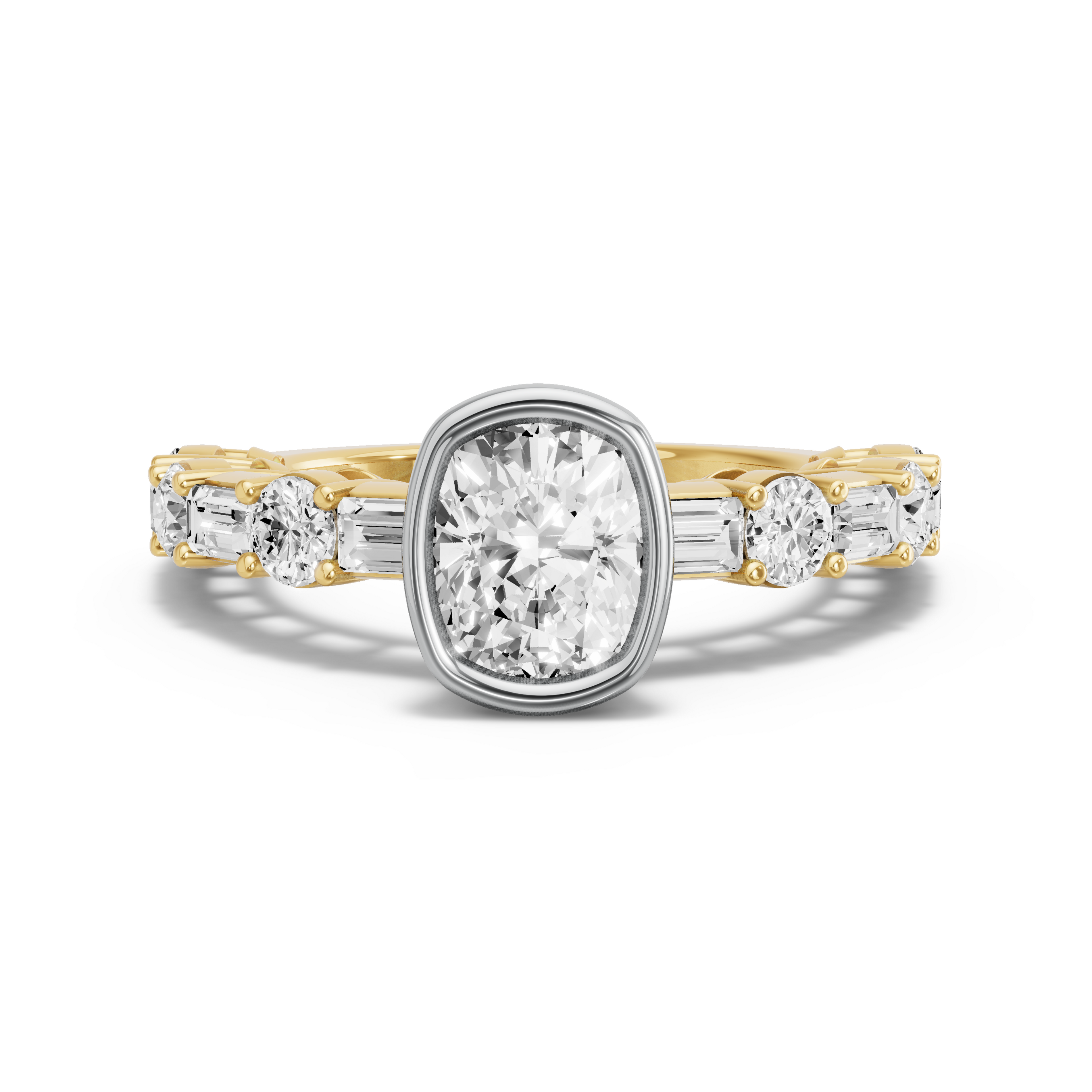 Image for Cushion Classic Bezel Ring with Alternating Baguette band in 10K Two Tone Yellow Gold