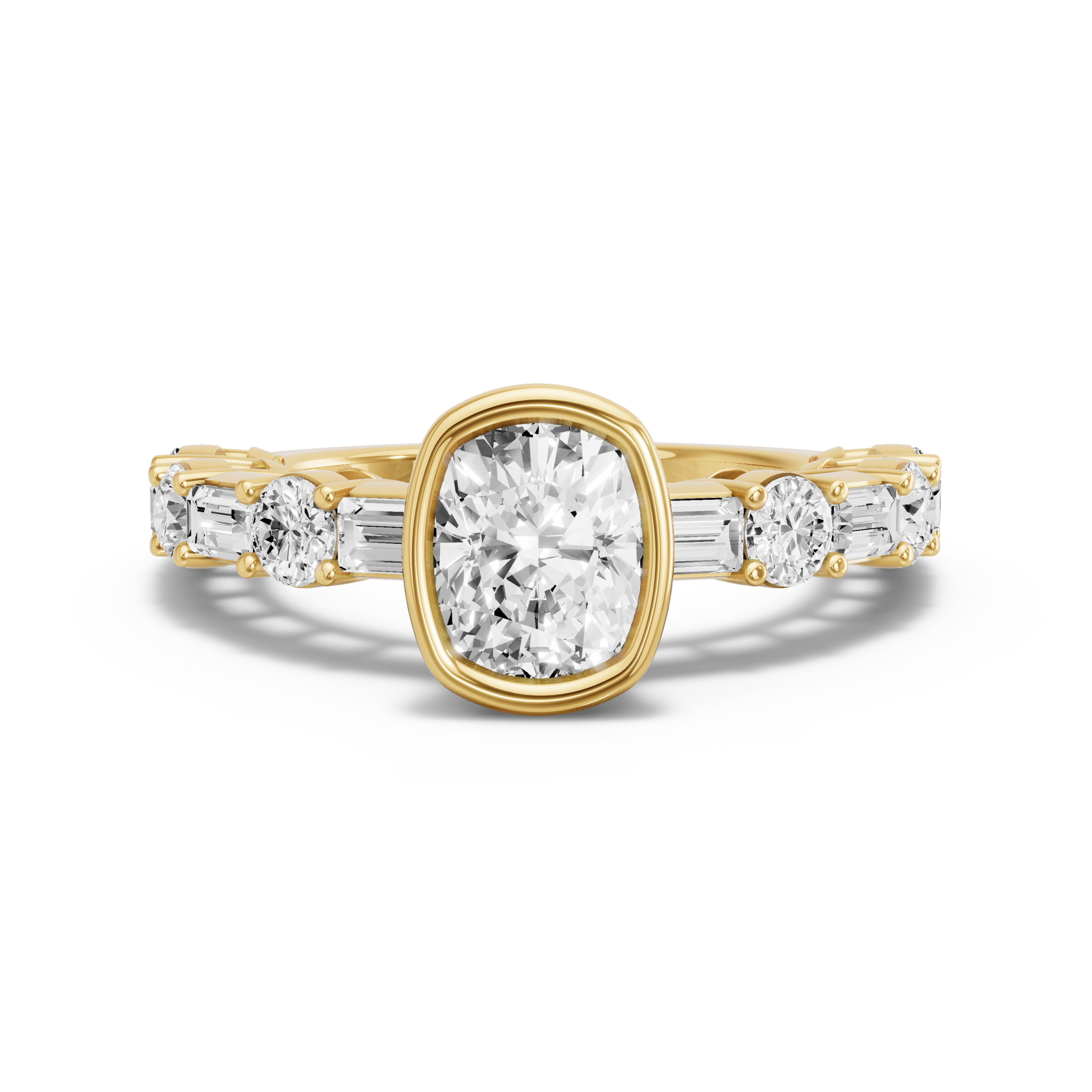 Image for Cushion Classic Bezel Ring with Alternating Baguette band in 10K Yellow Gold