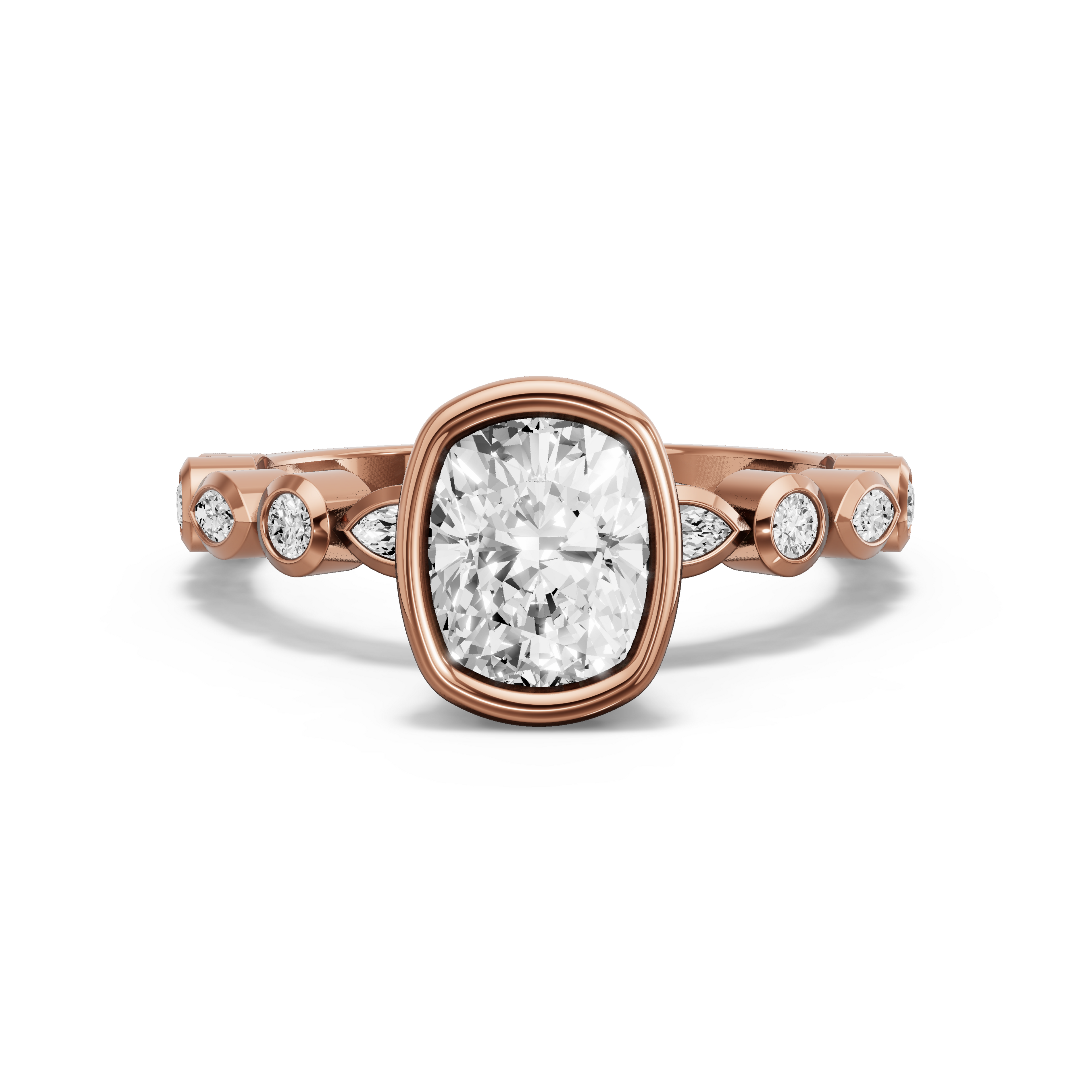 Image for Cushion Classic Bezel Ring with Alternating Marquise band in 10K Rose Gold
