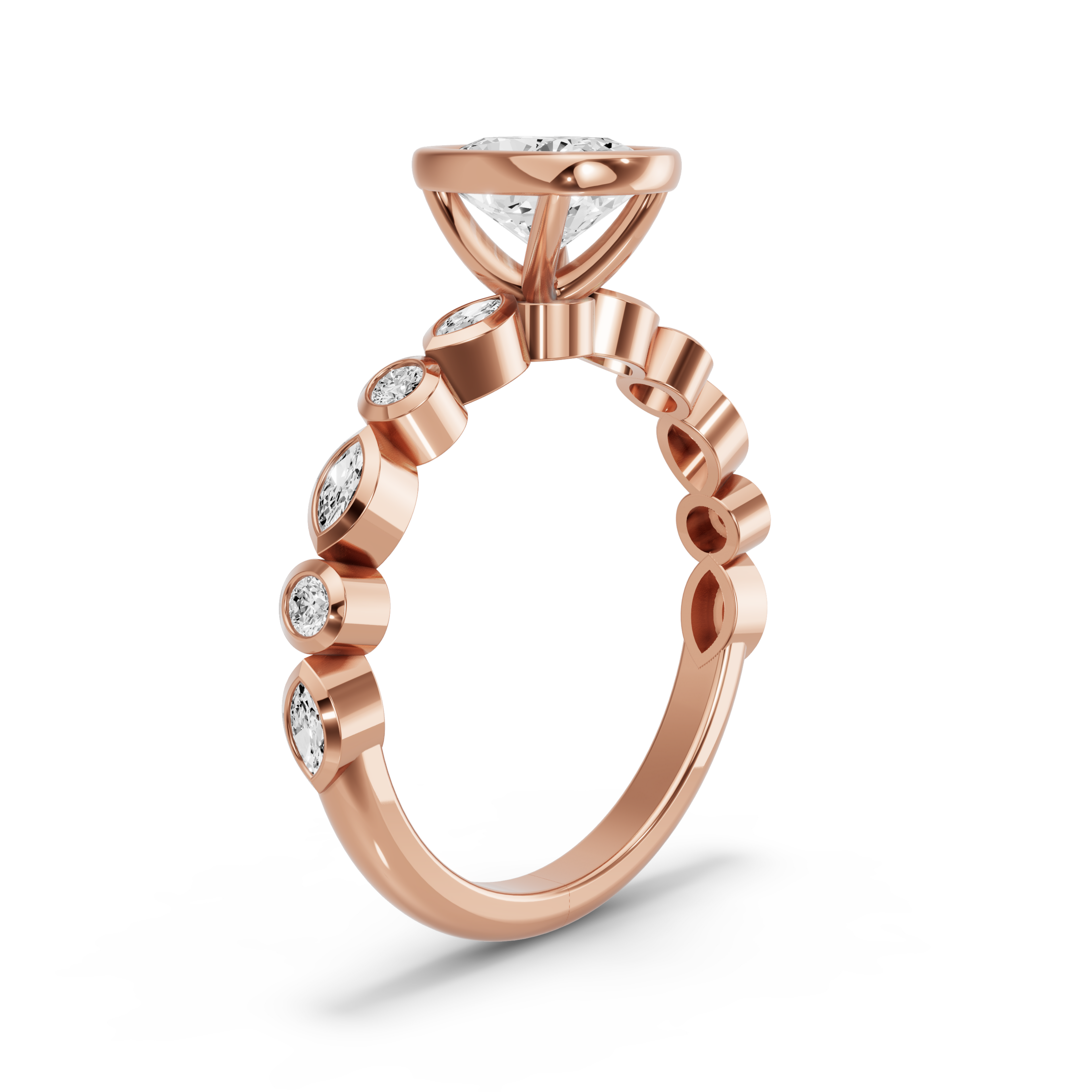 Image for Cushion Classic Bezel Ring with Alternating Marquise band in 10K Rose Gold