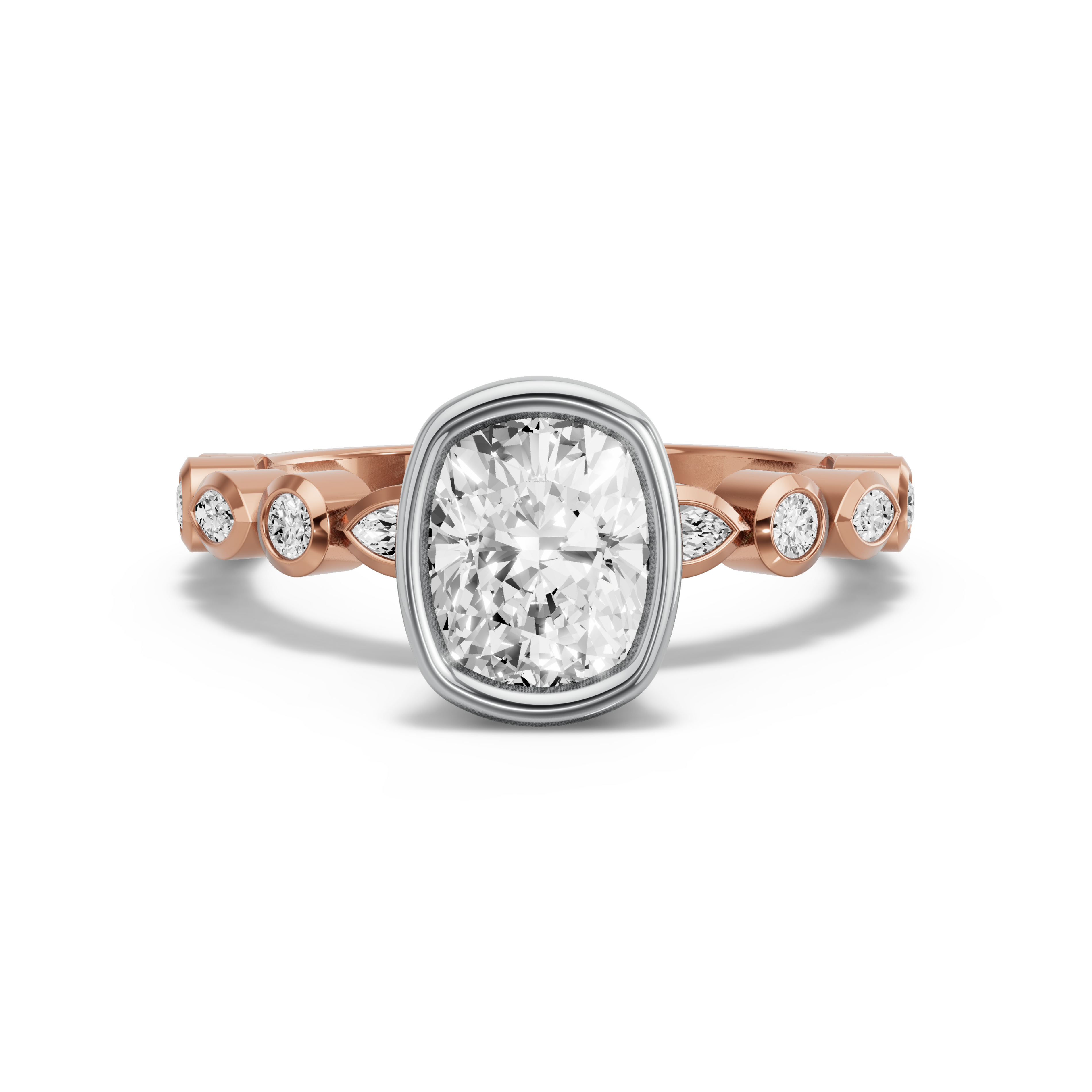 Image for Cushion Classic Bezel Ring with Alternating Marquise band in 18K Two Tone Rose Gold