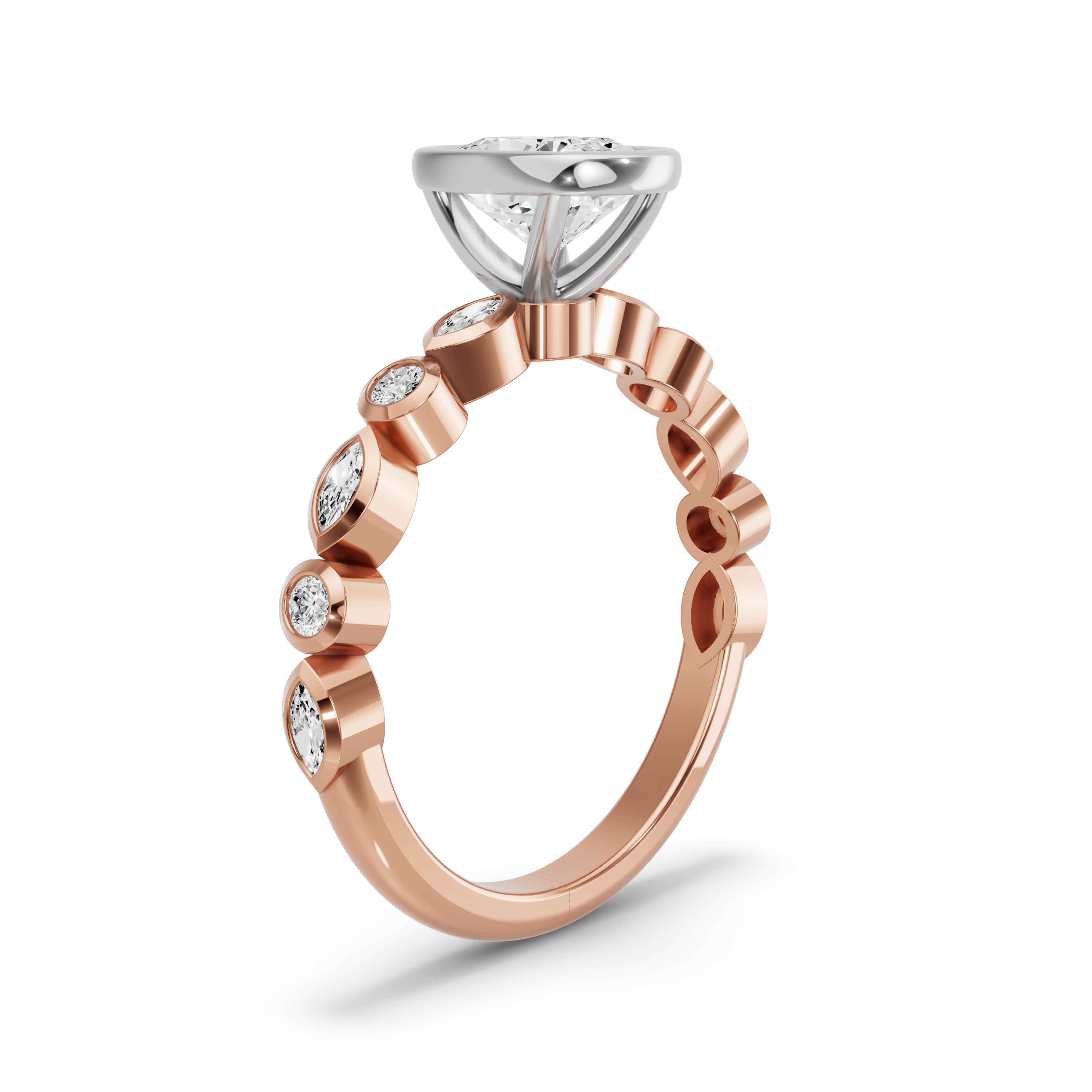 Image for Cushion Classic Bezel Ring with Alternating Marquise band in 18K Two Tone Rose Gold