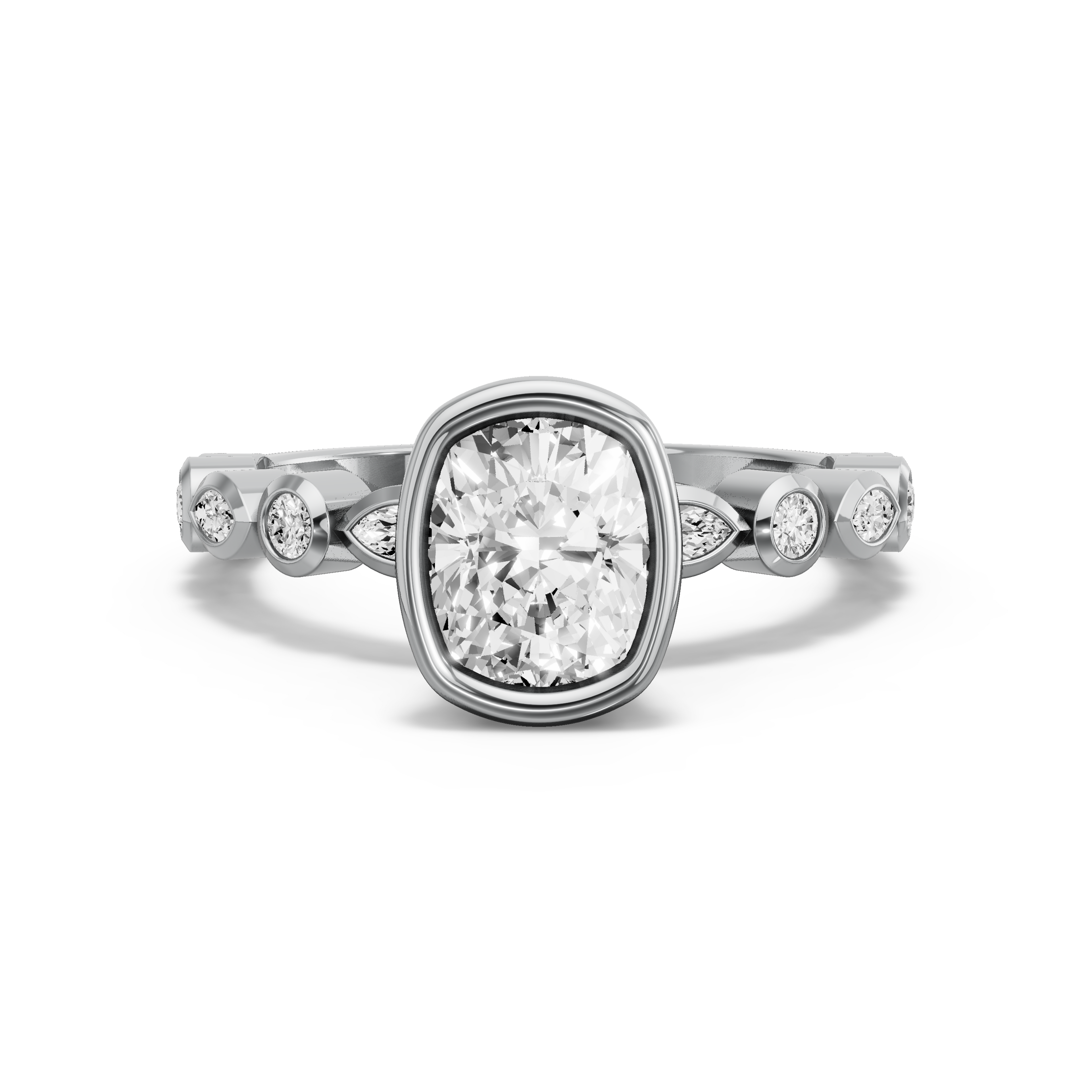 Image for Cushion Classic Bezel Ring with Alternating Marquise band in 14K White Gold