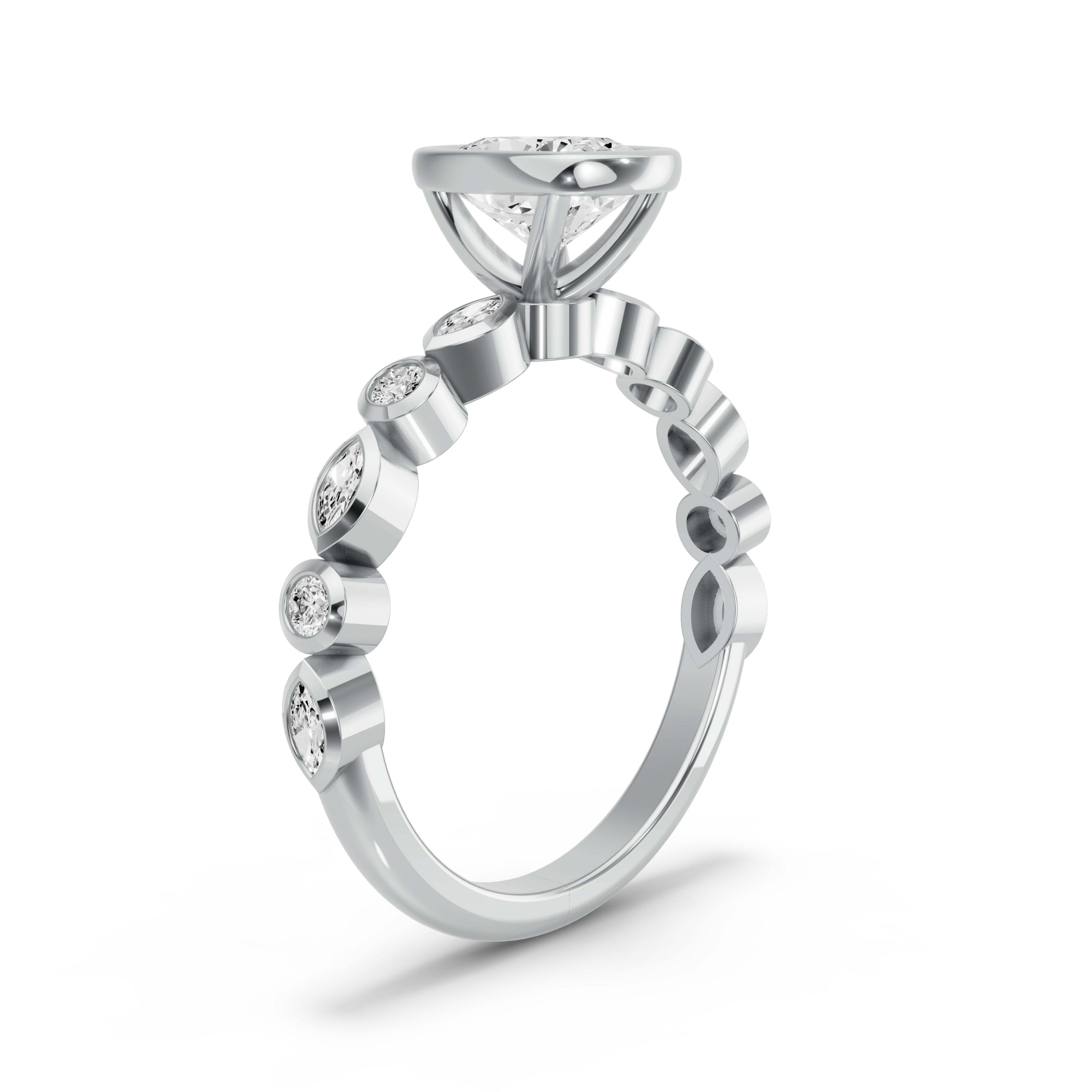 Image for Cushion Classic Bezel Ring with Alternating Marquise band in 10K White Gold