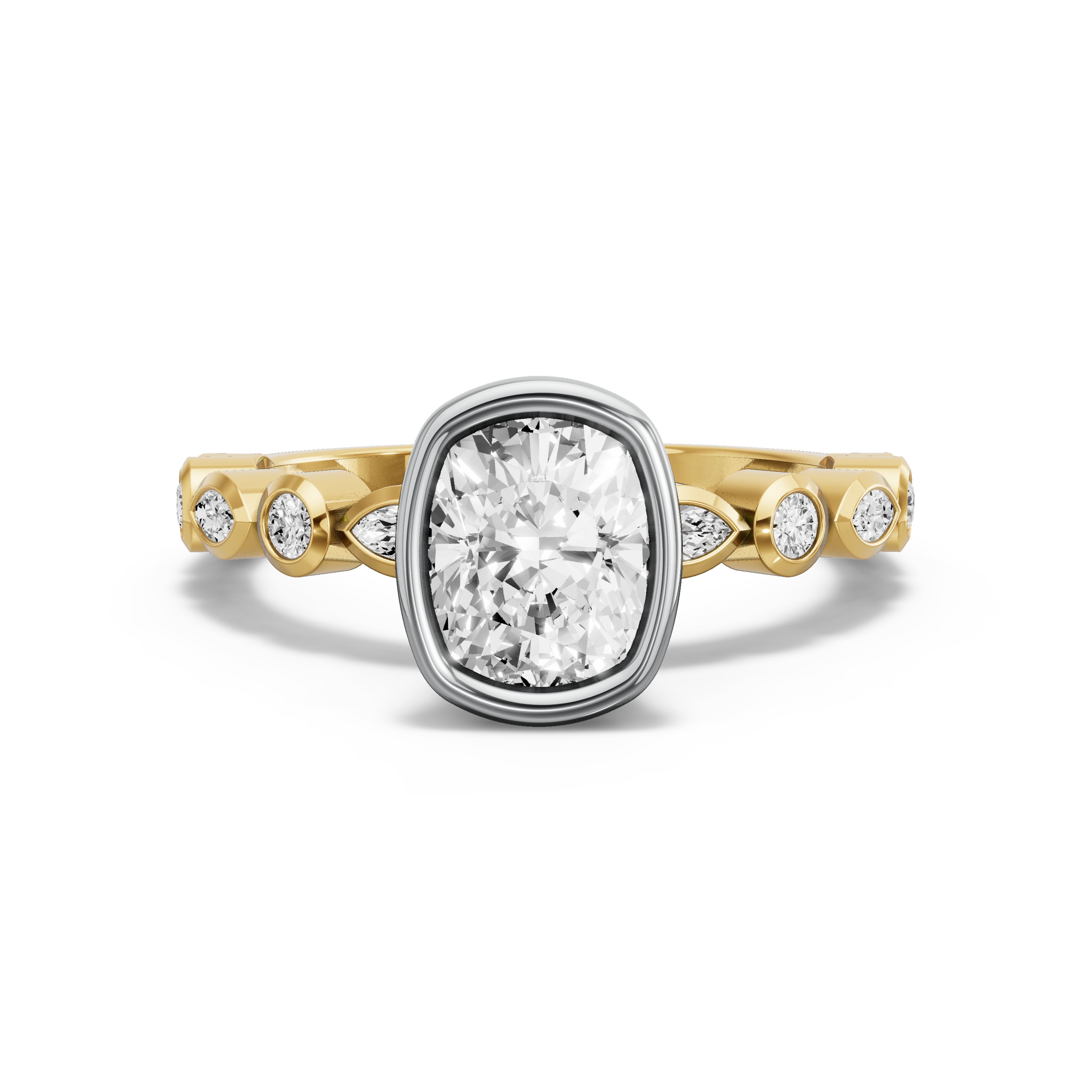 Image for Cushion Classic Bezel Ring with Alternating Marquise band in 18K Two Tone Yellow Gold