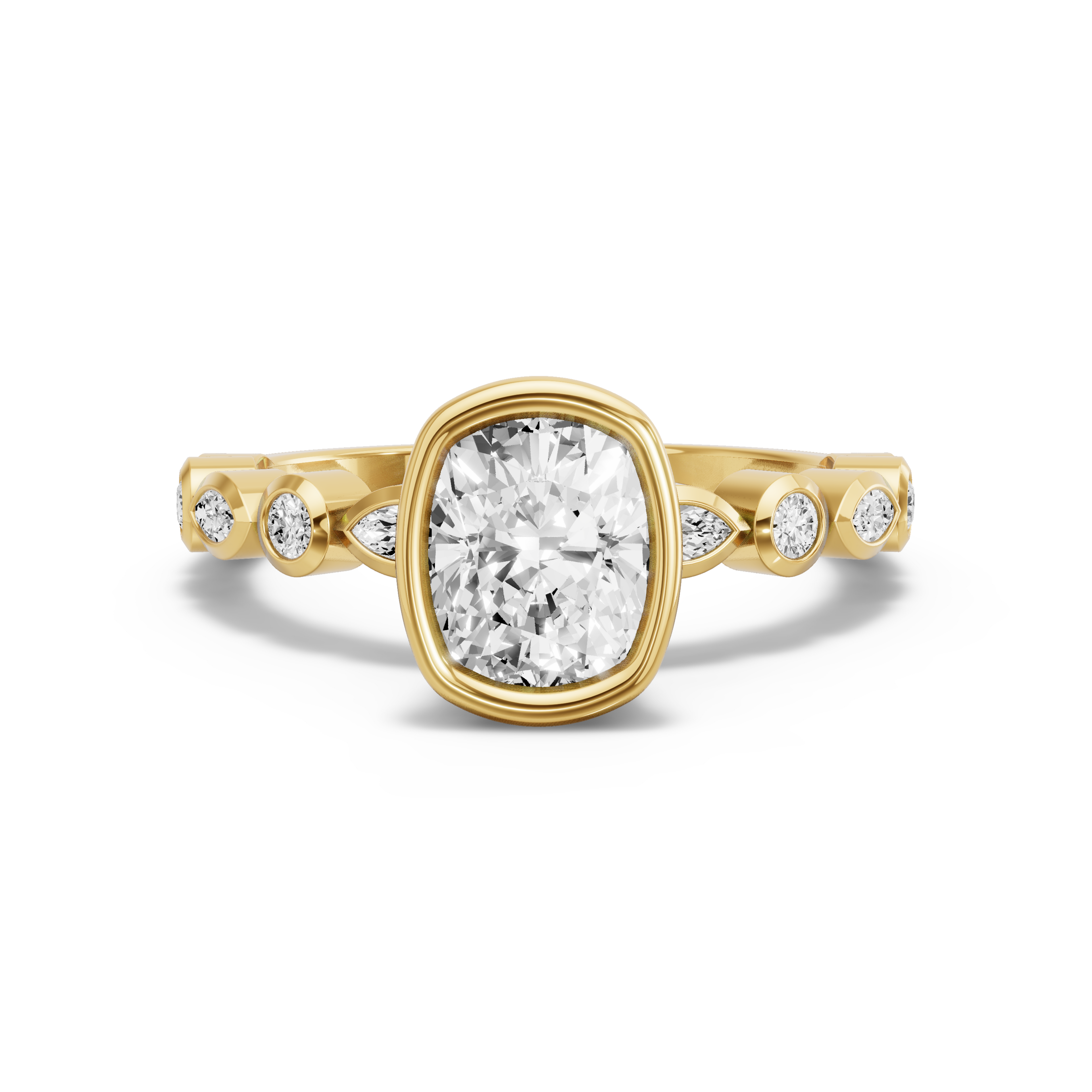 Image for Cushion Classic Bezel Ring with Alternating Marquise band in 18K Yellow Gold