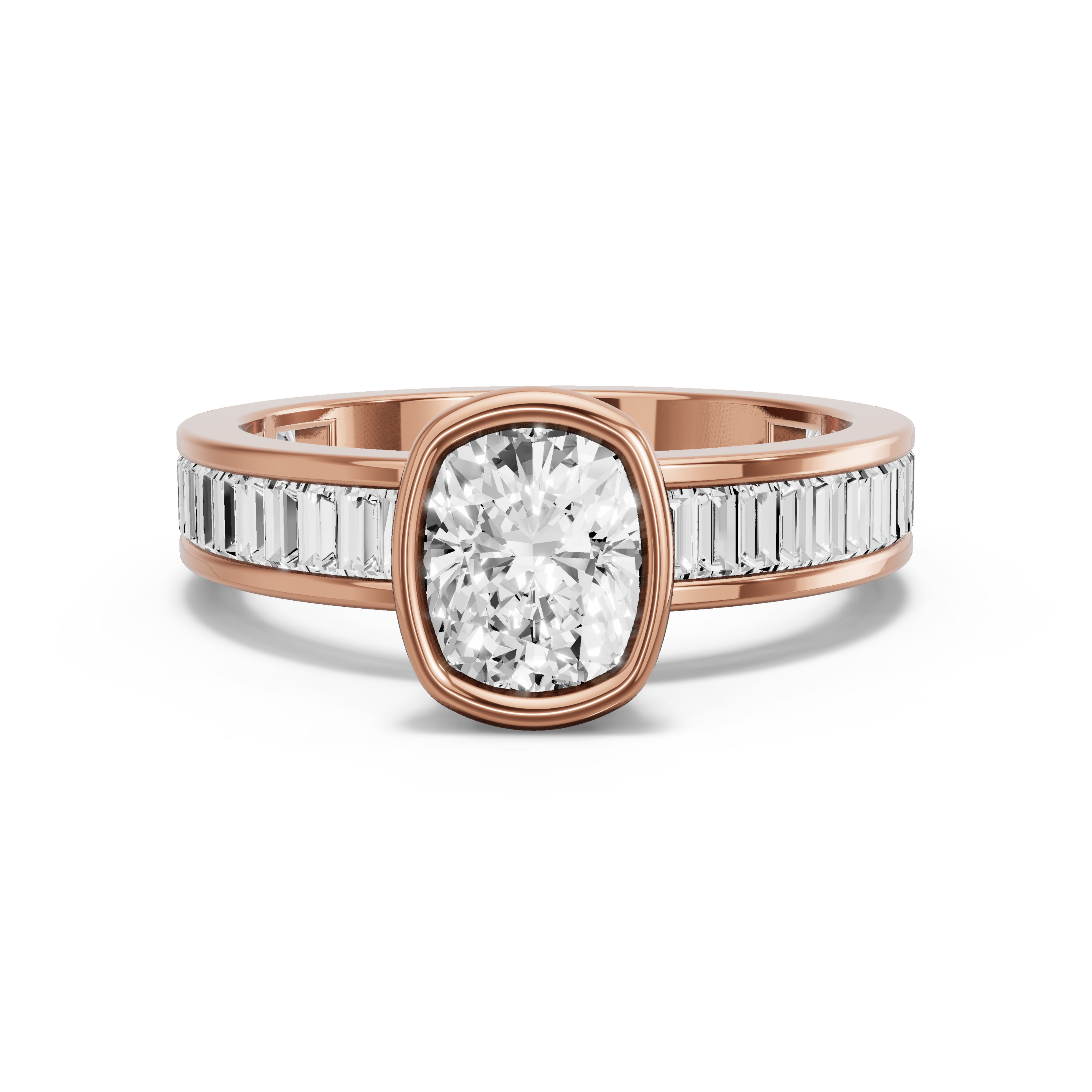 Image for Cushion Classic Bezel Ring with Baguette Channel band in 10K Rose Gold
