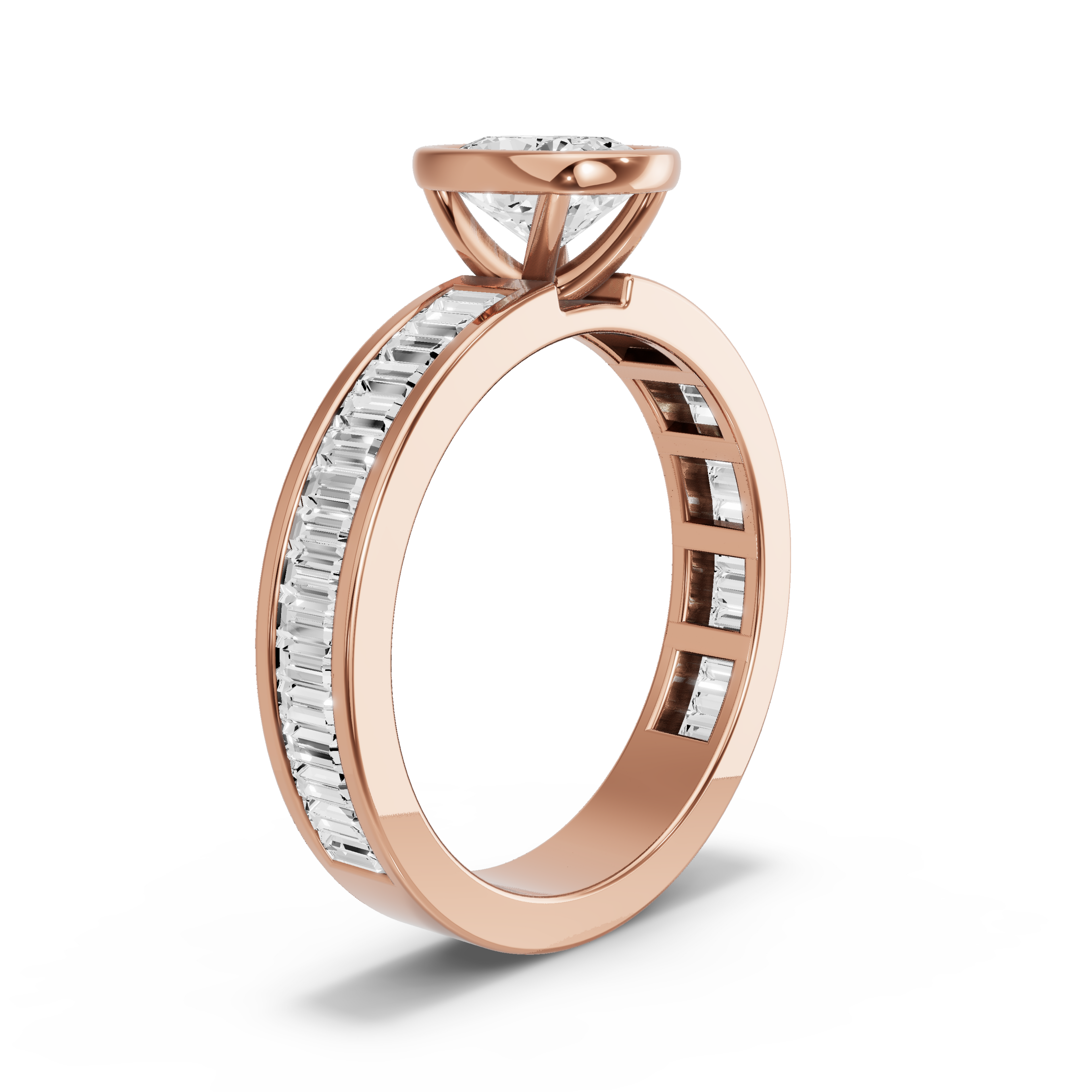 Image for Cushion Classic Bezel Ring with Baguette Channel band in 14K Rose Gold