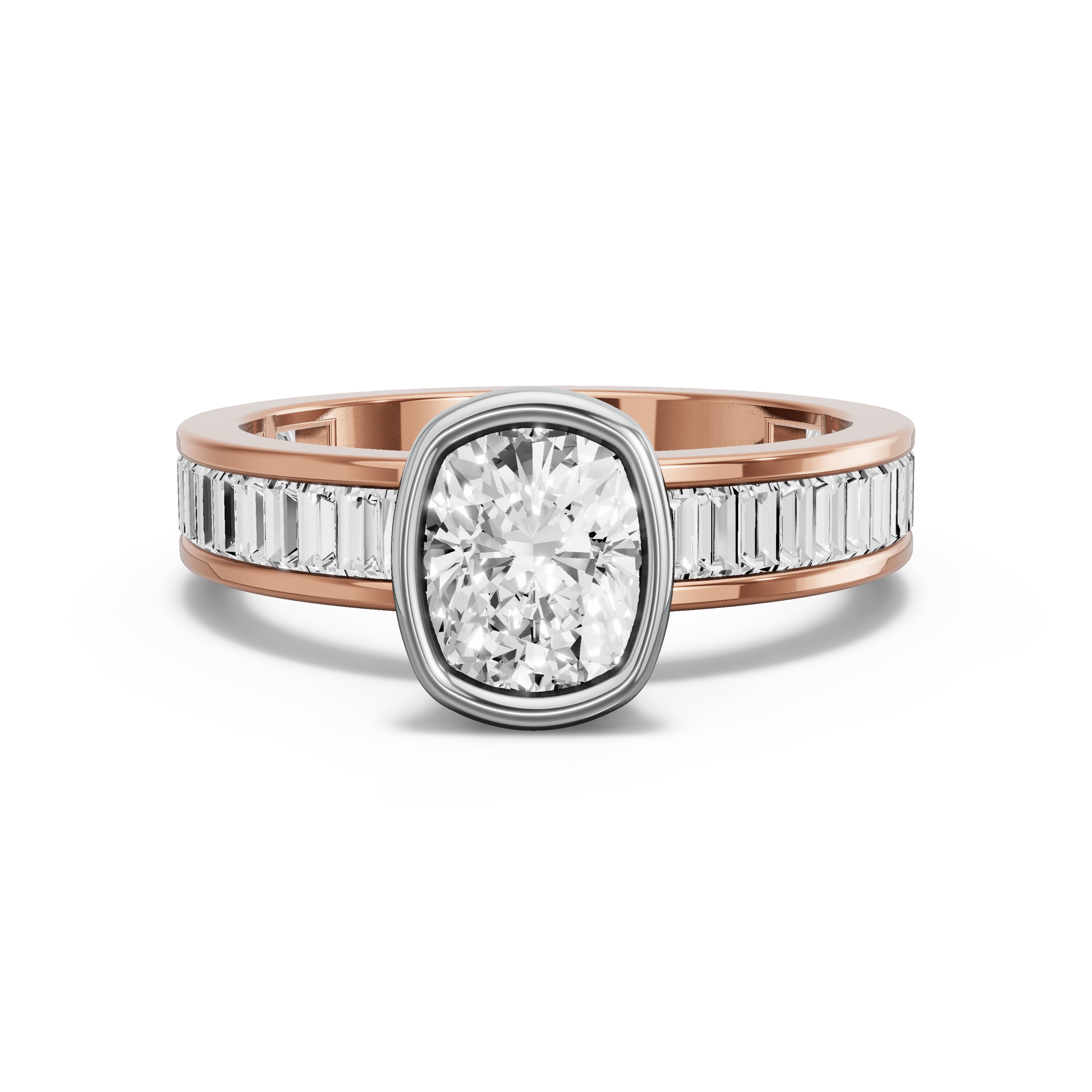 Image for Cushion Classic Bezel Ring with Baguette Channel band in 14K Two Tone Rose Gold