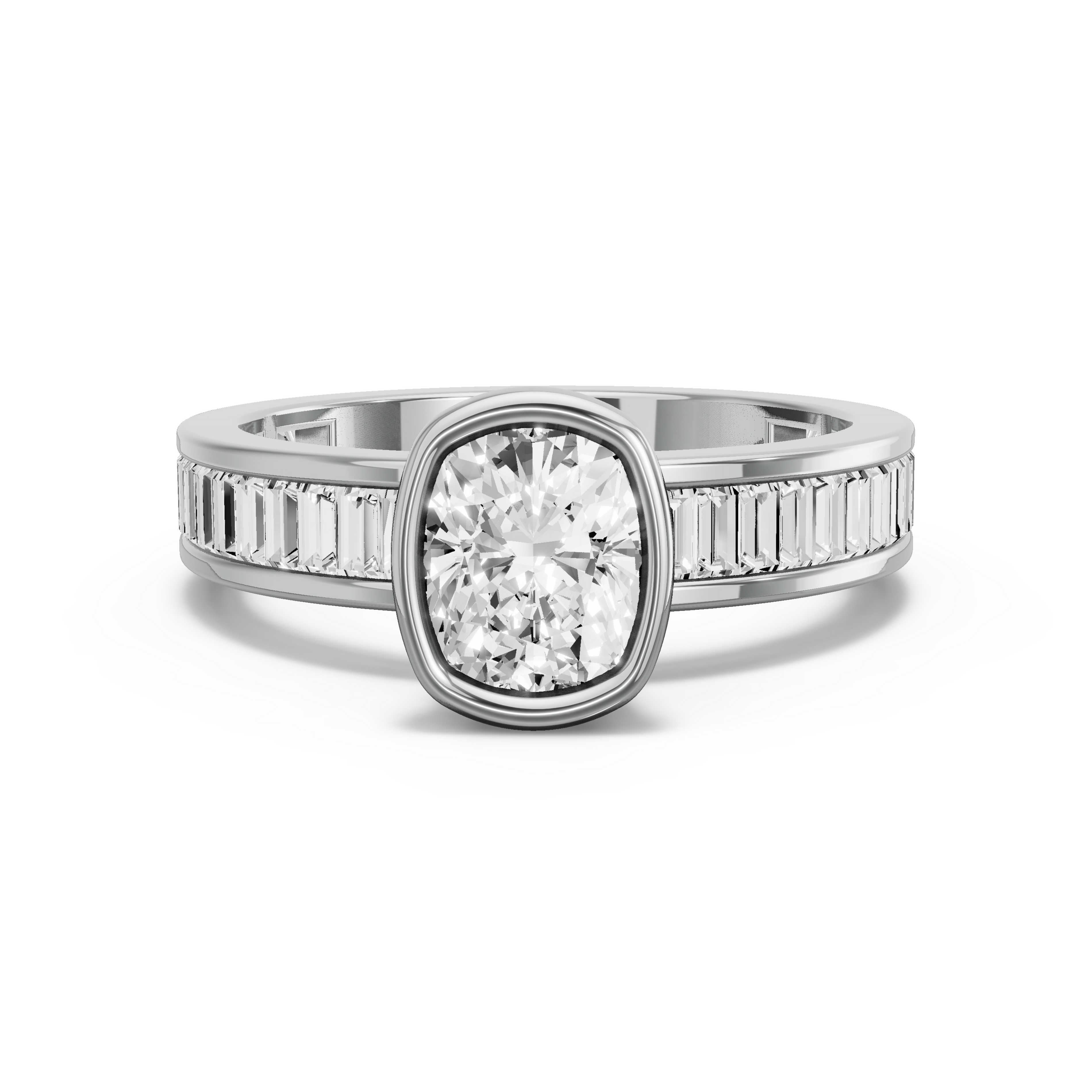 Image for Cushion Classic Bezel Ring with Baguette Channel band in 14K White Gold