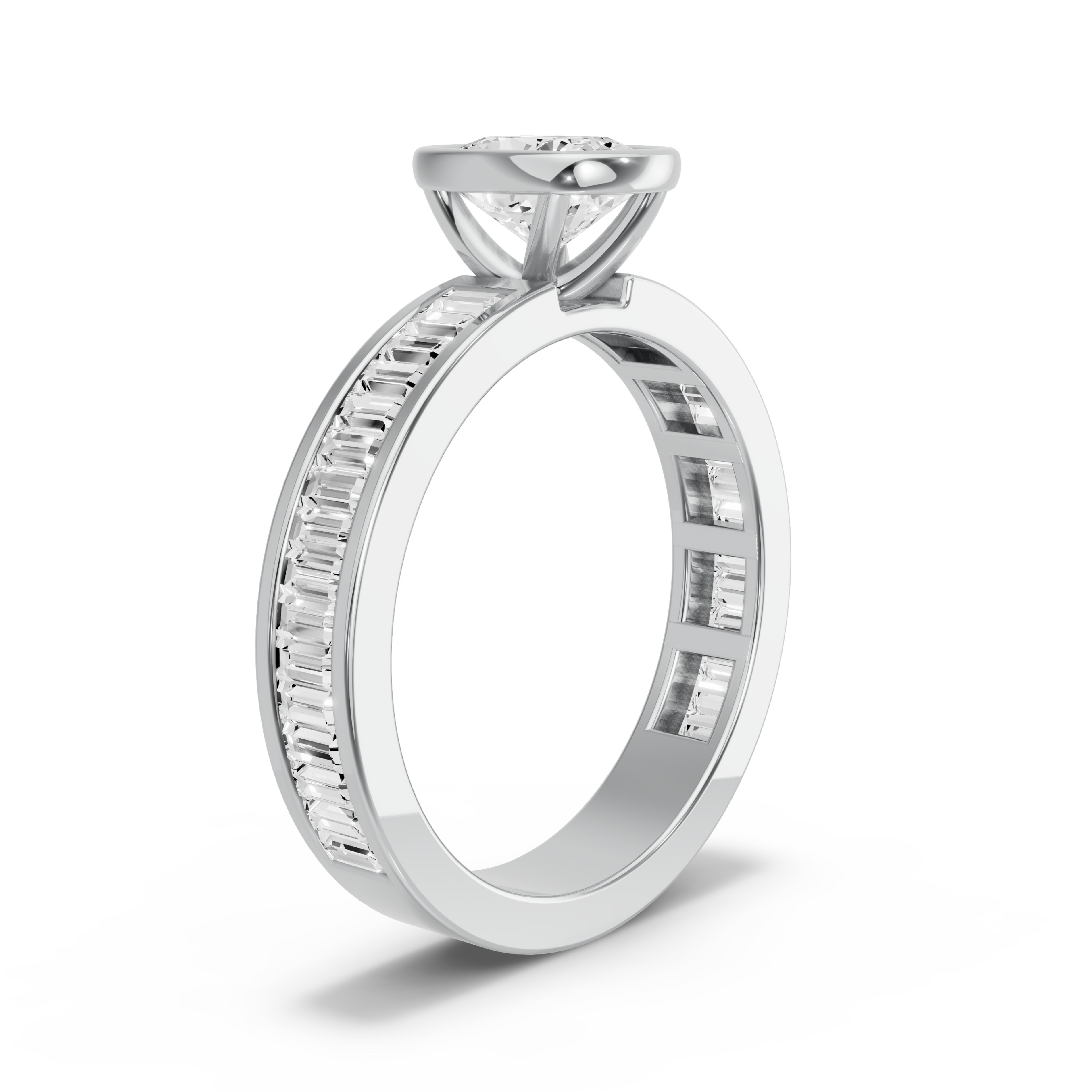Image for Cushion Classic Bezel Ring with Baguette Channel band in 10K White Gold