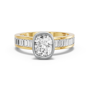 Image for Cushion Classic Bezel Ring with Baguette Channel band in 10K Two Tone Yellow Gold