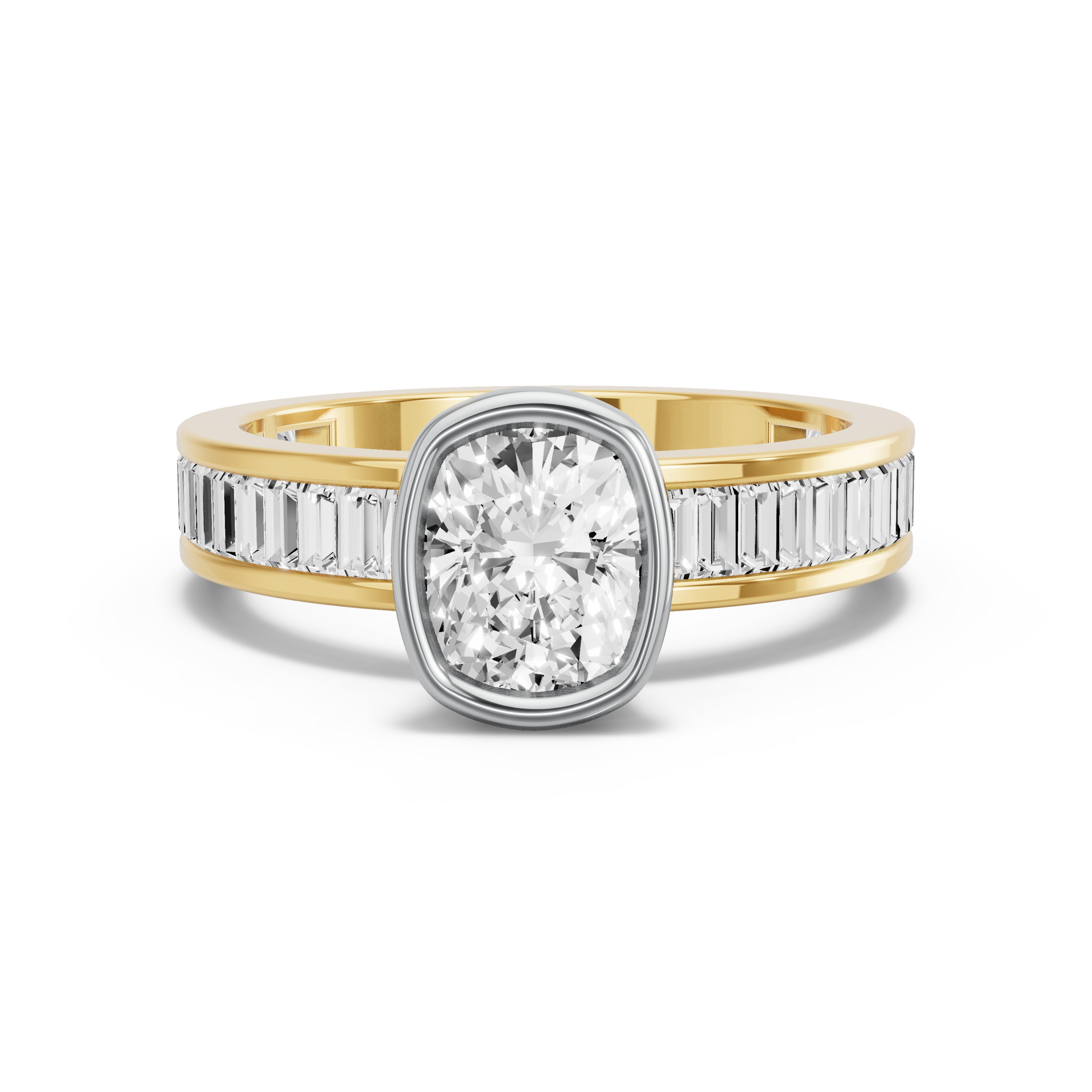 Image for Cushion Classic Bezel Ring with Baguette Channel band in 18K Two Tone Yellow Gold