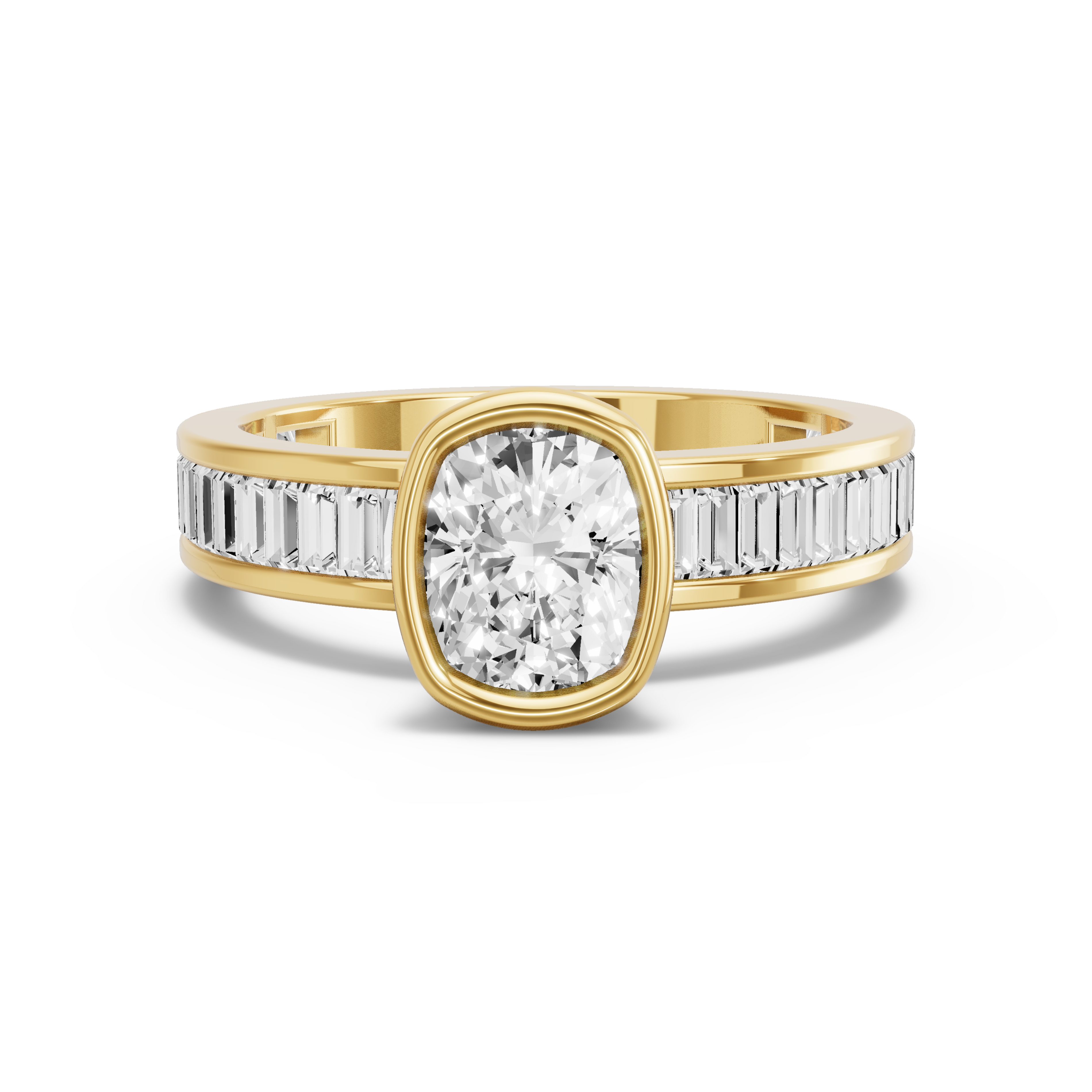 Image for Cushion Classic Bezel Ring with Baguette Channel band in 14K Yellow Gold