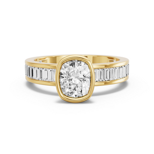 Image for Cushion Classic Bezel Ring with Baguette Channel band in 14K Yellow Gold