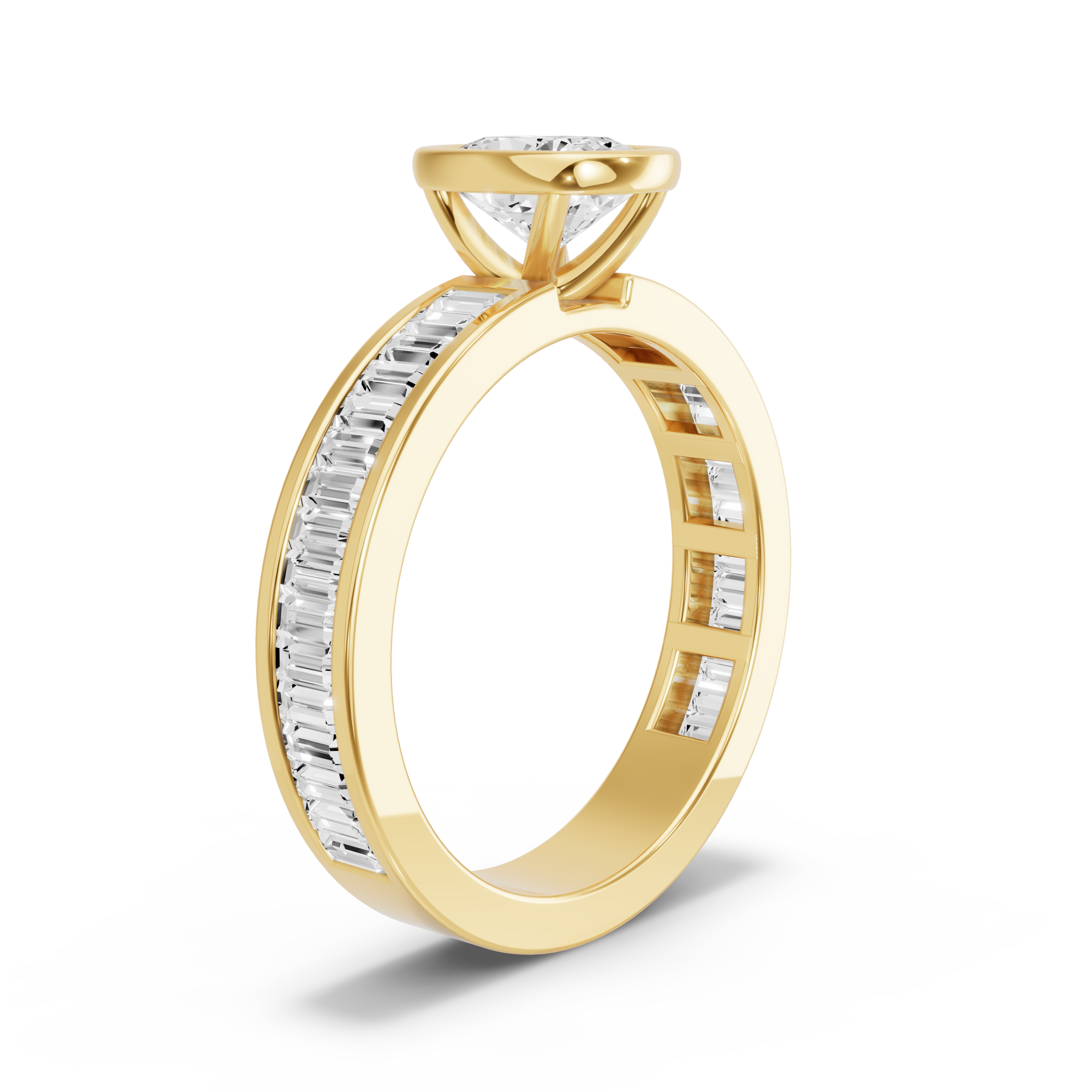 Image for Cushion Classic Bezel Ring with Baguette Channel band in 10K Yellow Gold