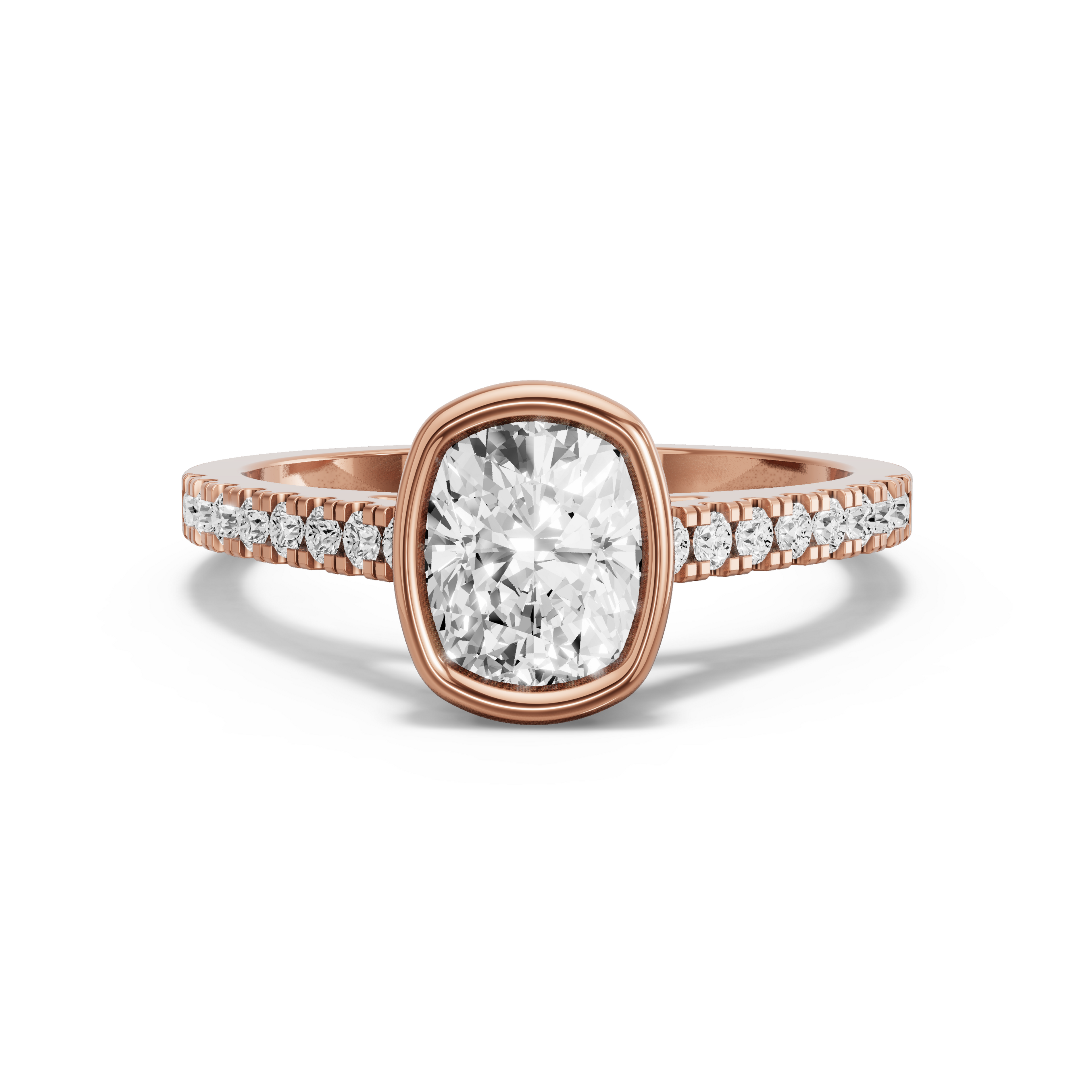 Image for Cushion Classic Bezel Ring with Cathedral Pave band in 18K Rose Gold