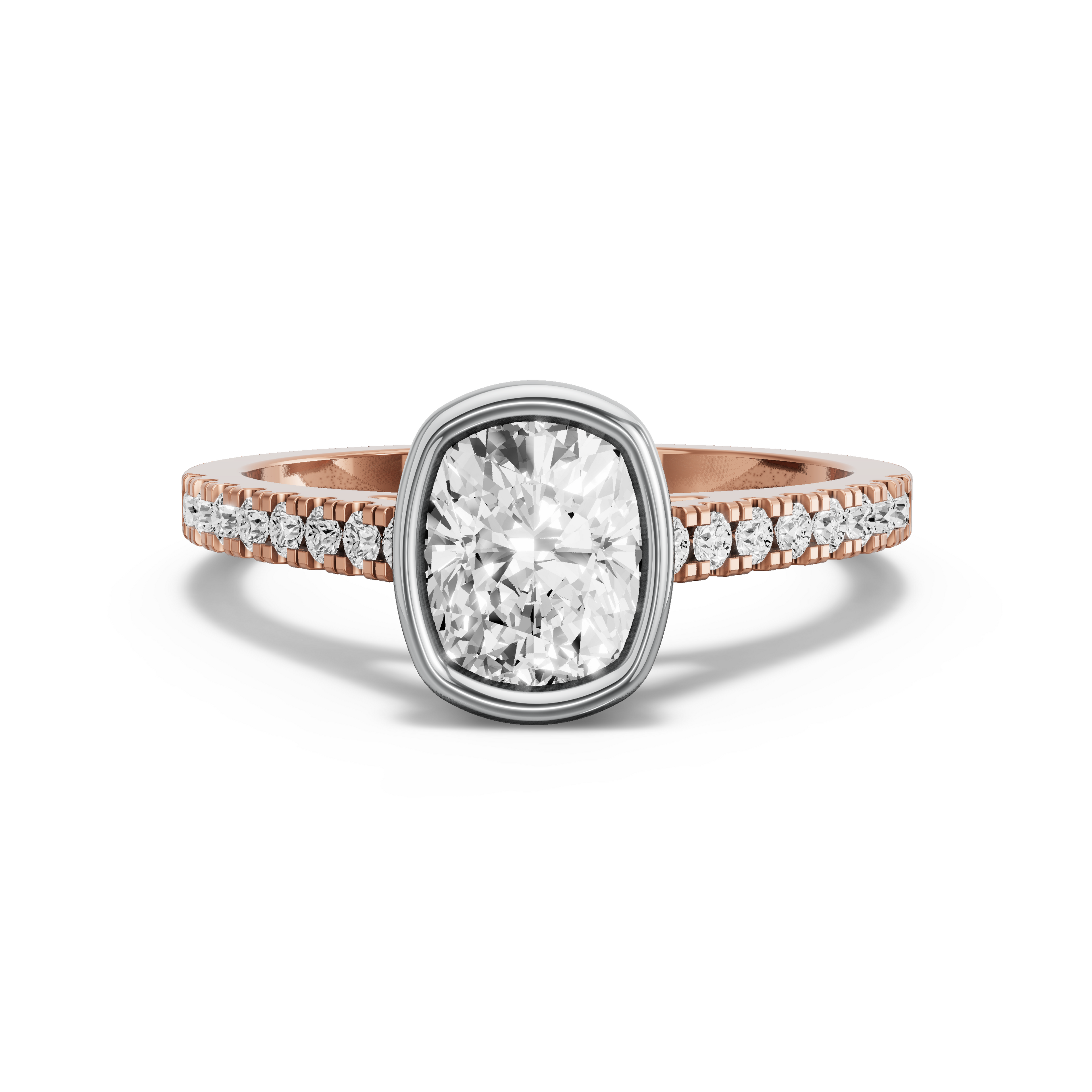 Image for Cushion Classic Bezel Ring with Cathedral Pave band in 14K Two Tone Rose Gold