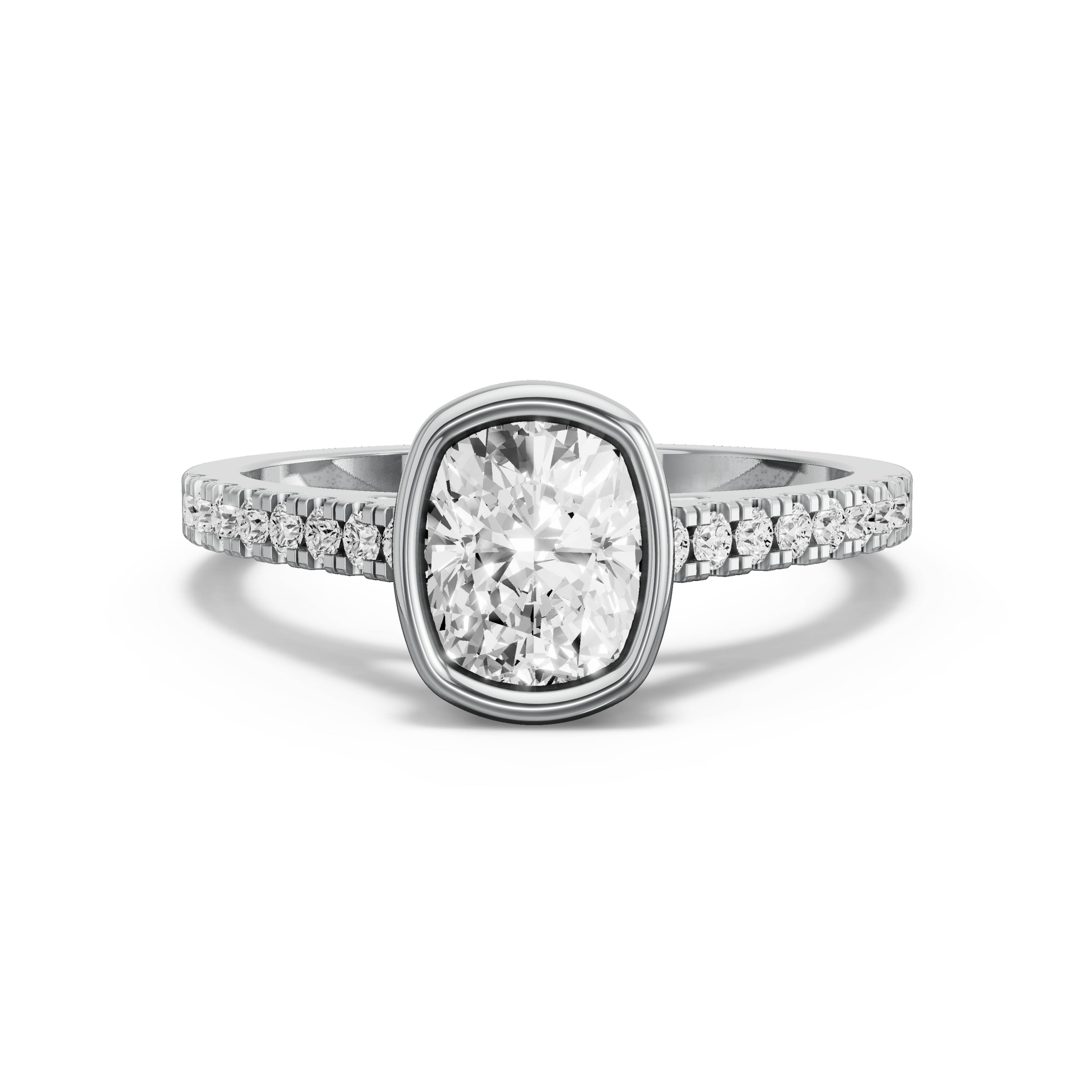 Image for Cushion Classic Bezel Ring with Cathedral Pave band in 14K White Gold