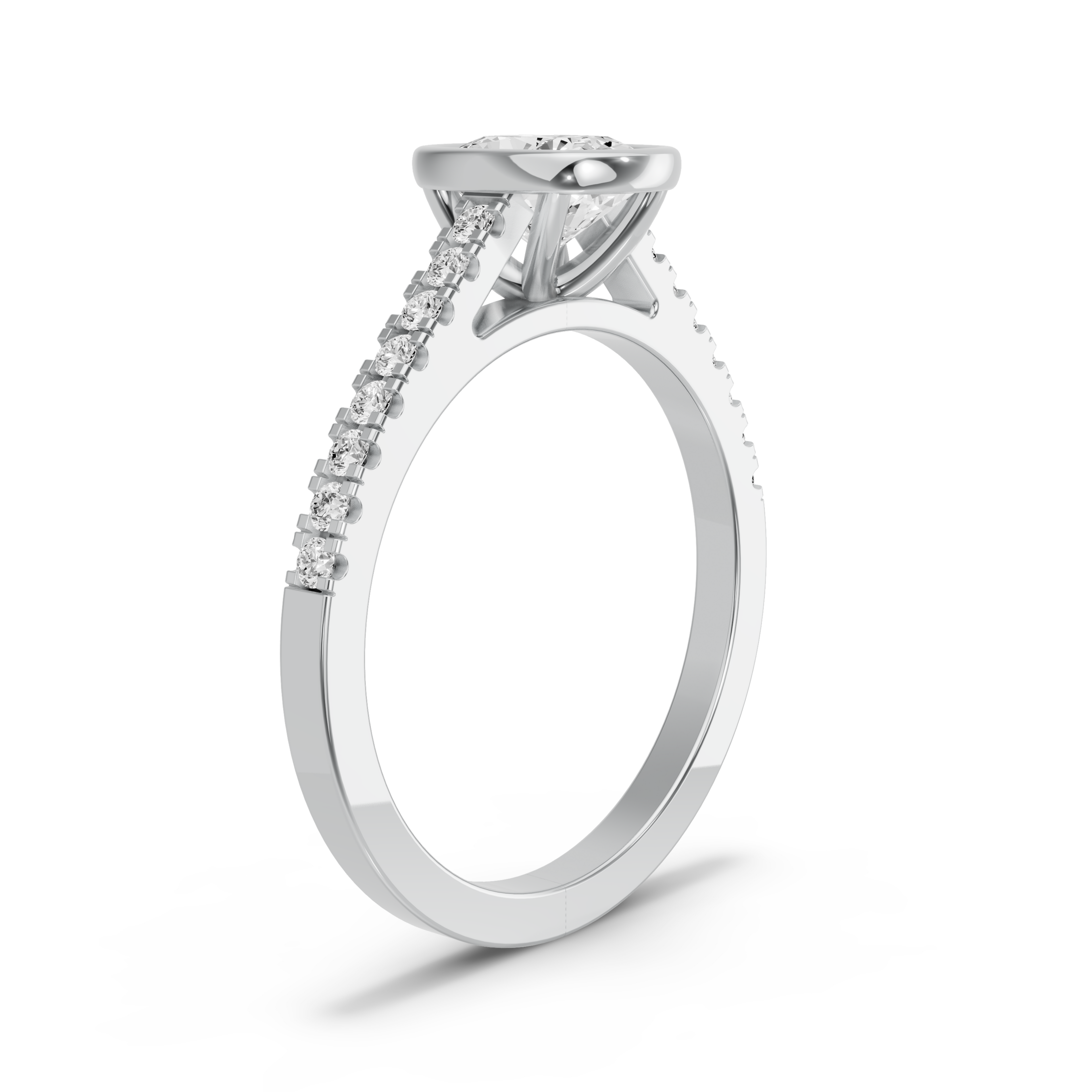 Image for Cushion Classic Bezel Ring with Cathedral Pave band in 14K White Gold