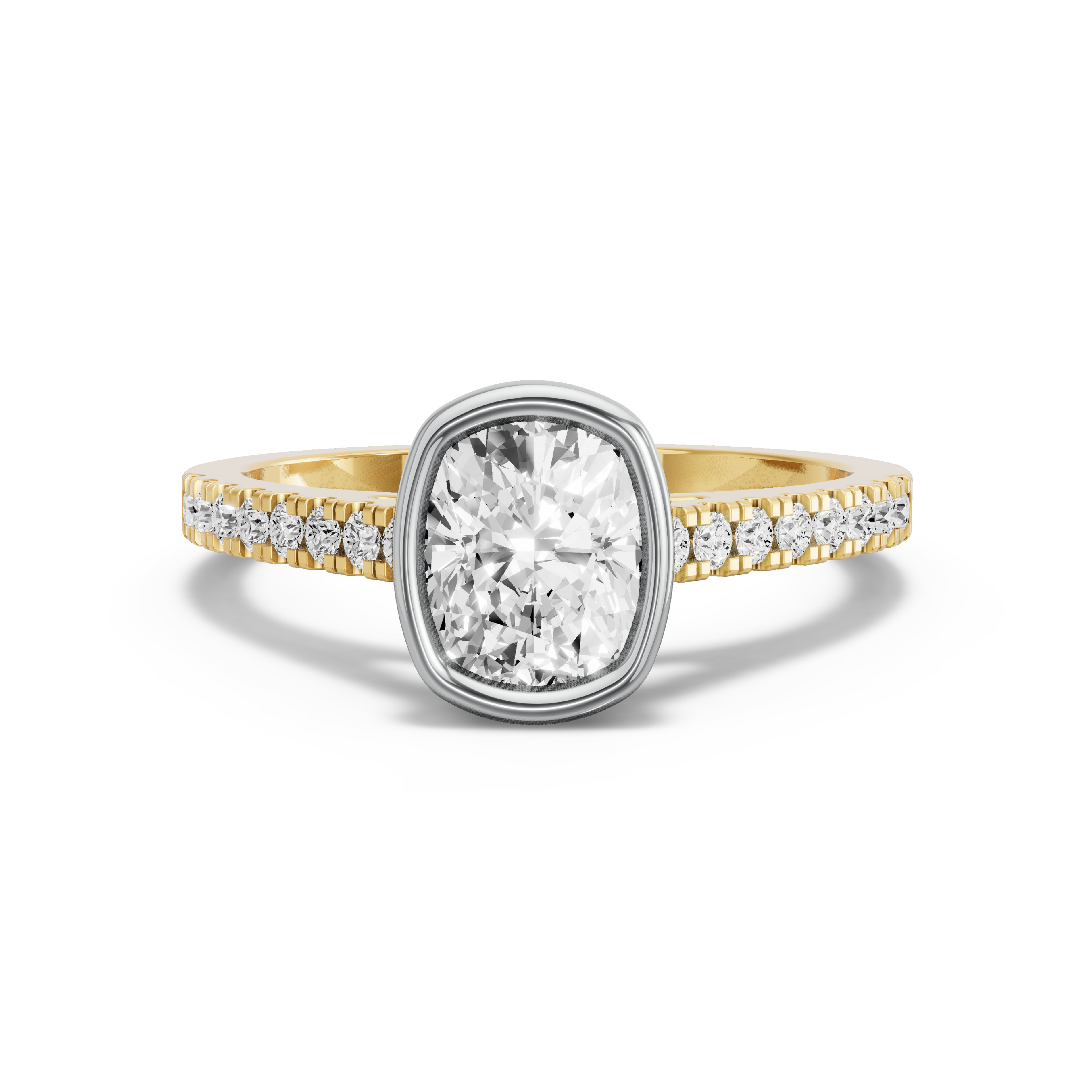Image for Cushion Classic Bezel Ring with Cathedral Pave band in 18K Two Tone Yellow Gold