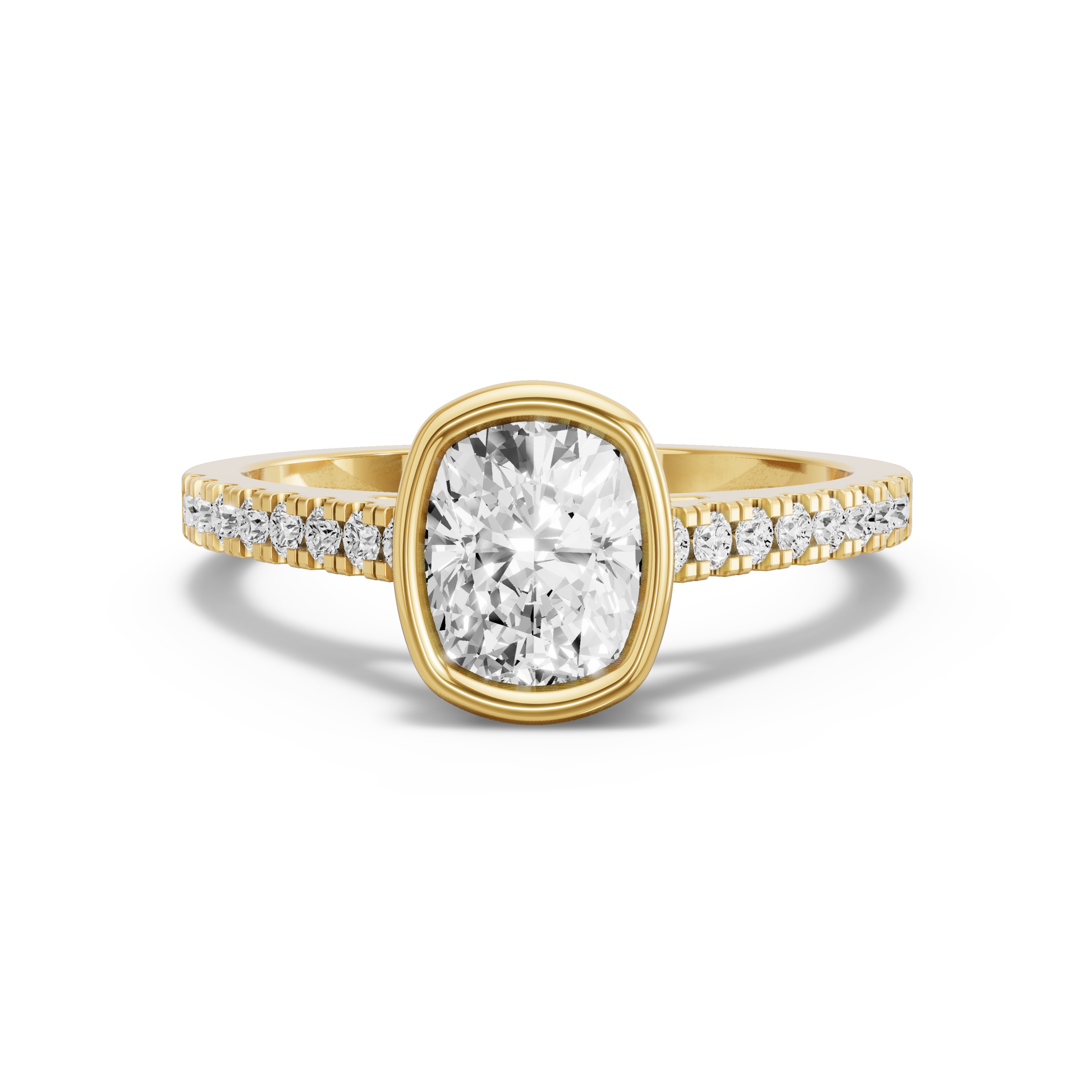 Image for Cushion Classic Bezel Ring with Cathedral Pave band in 18K Yellow Gold