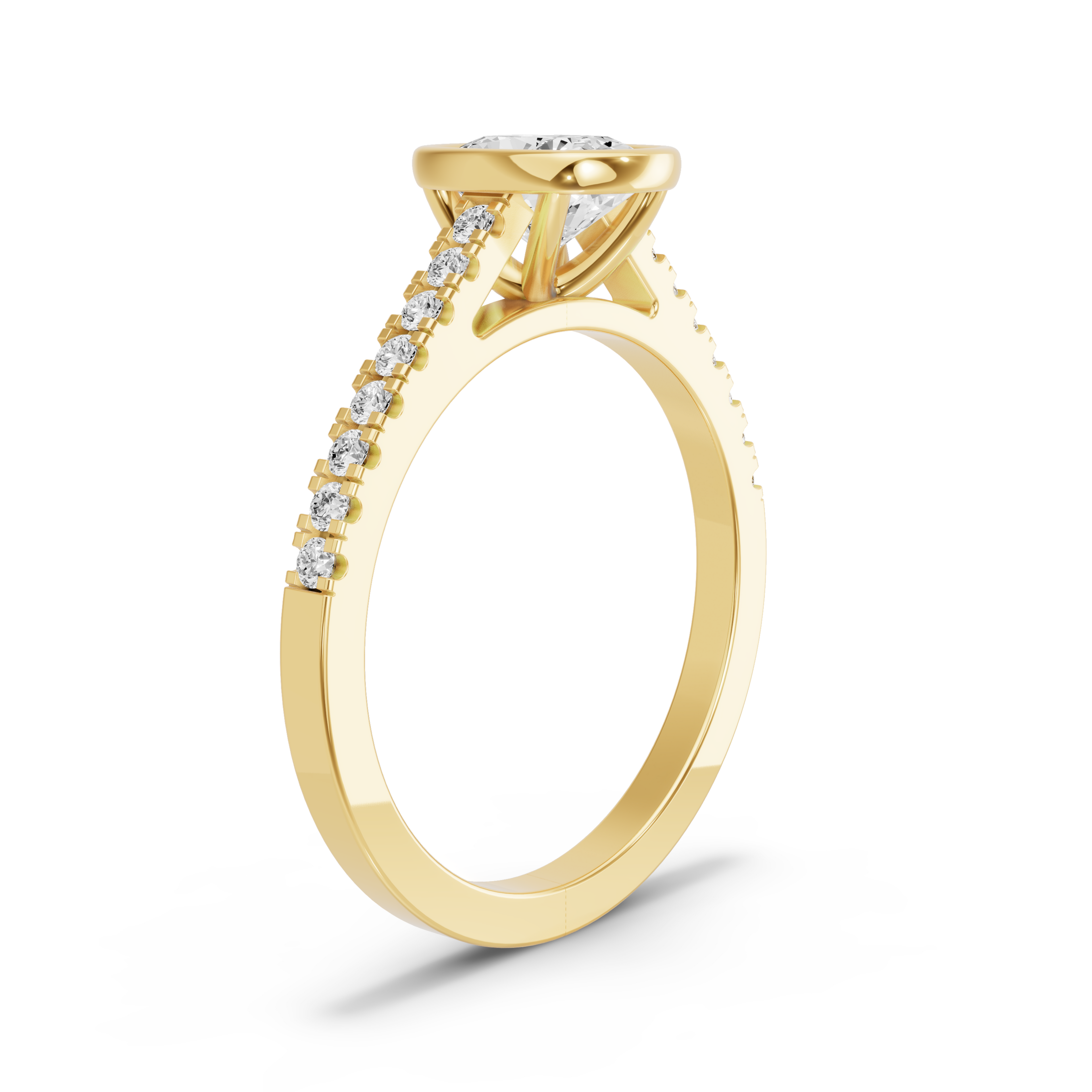 Image for Cushion Classic Bezel Ring with Cathedral Pave band in 18K Yellow Gold