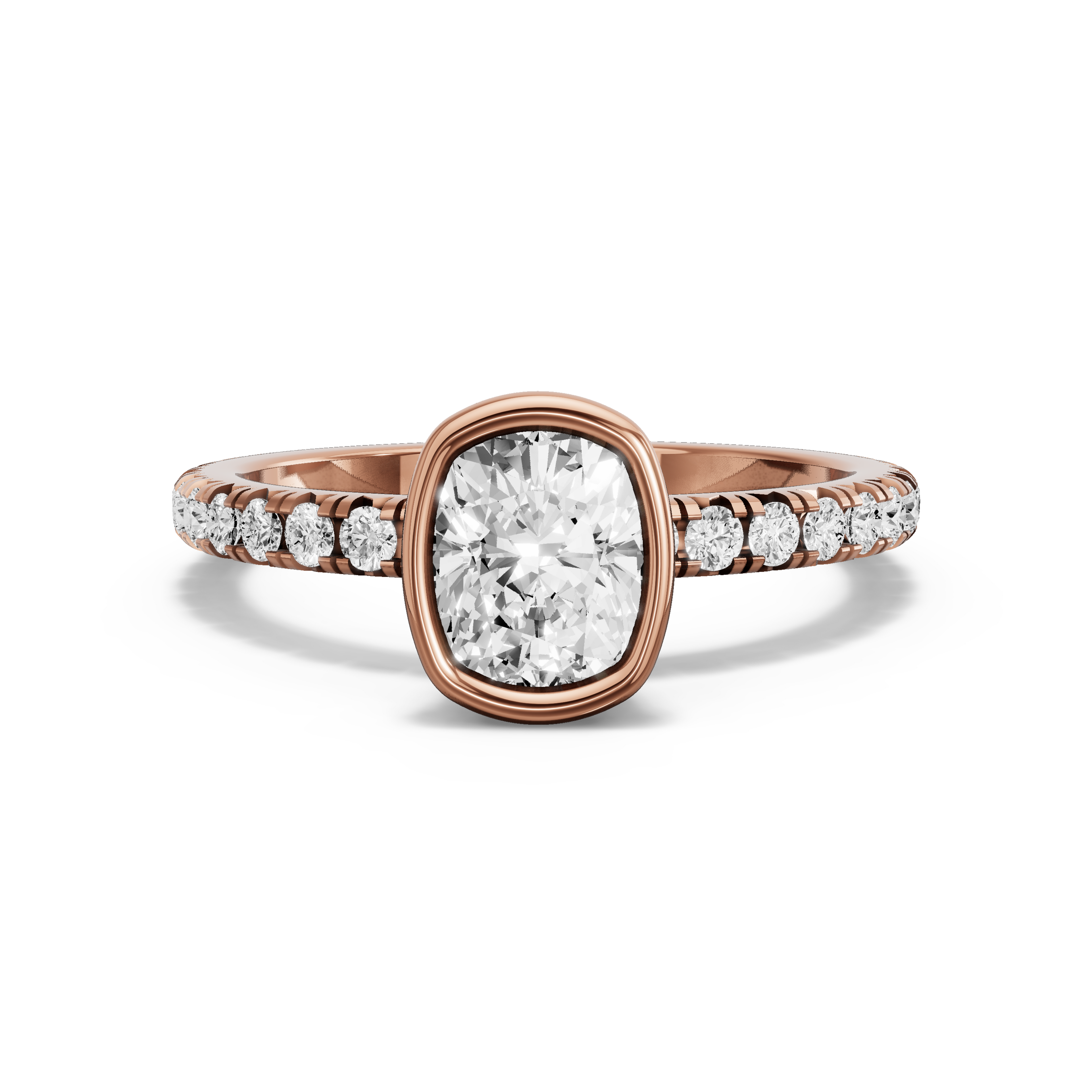 Image for Cushion Classic Bezel Ring with French Pave band in 14K Rose Gold