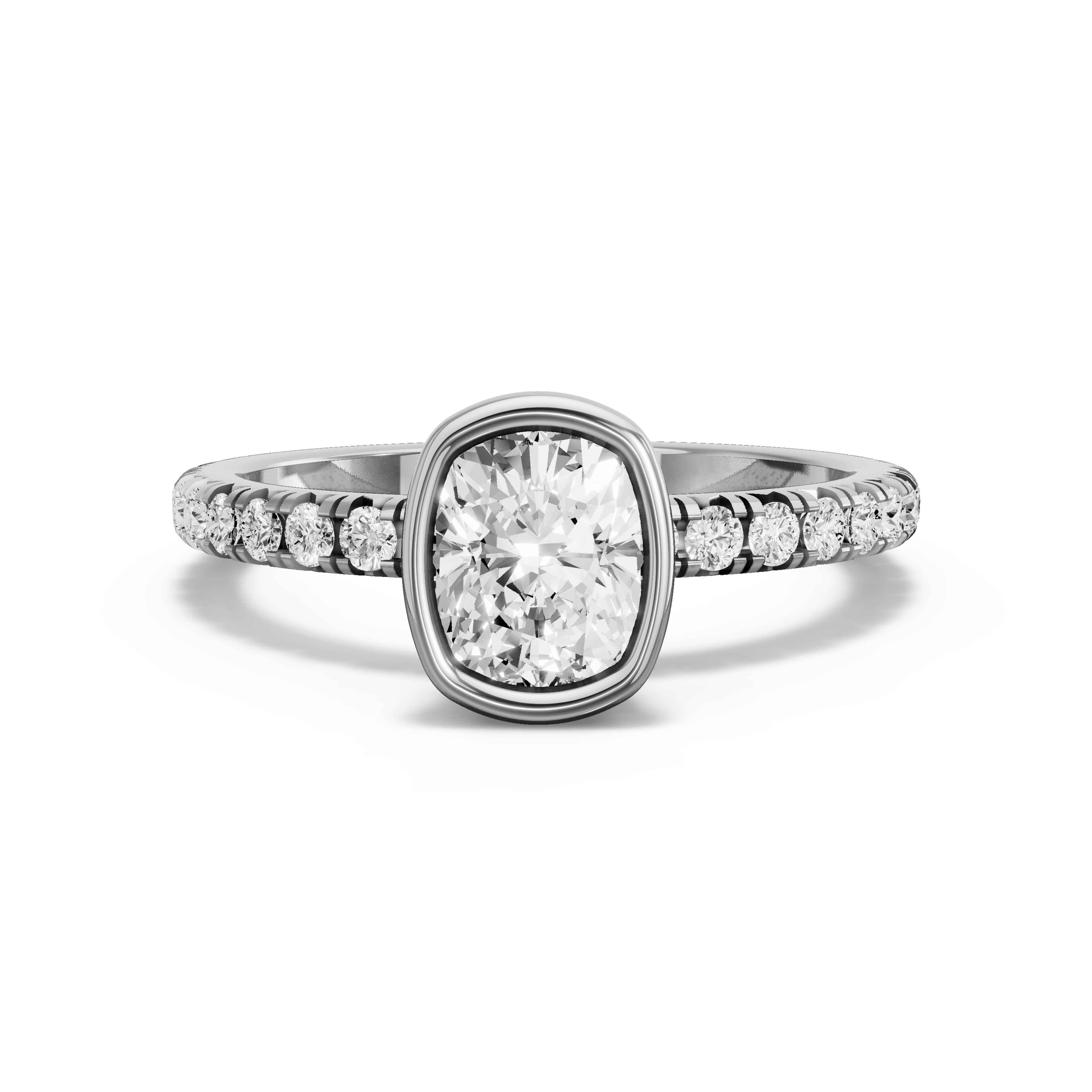 Image for Cushion Classic Bezel Ring with French Pave band in 18K White Gold