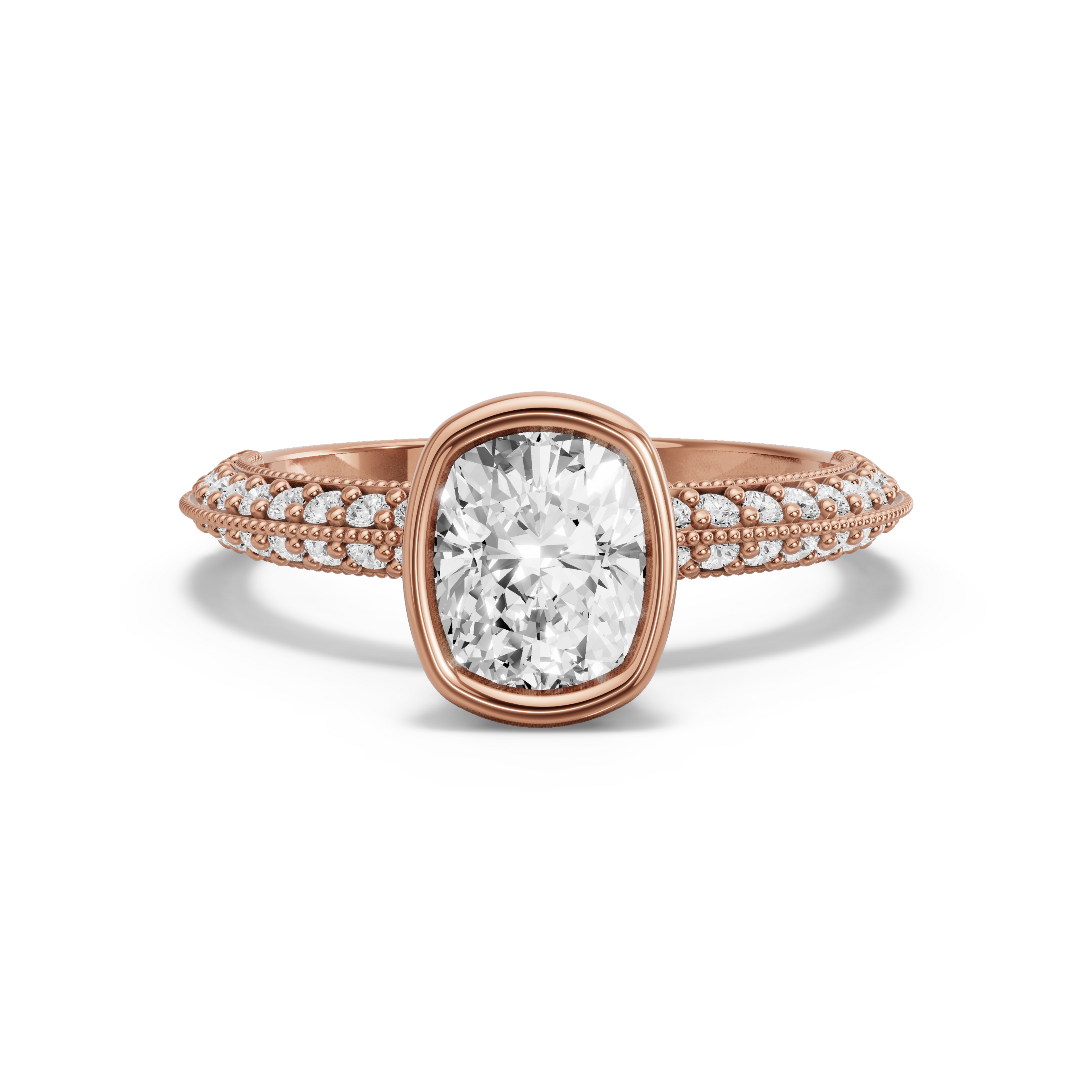 Image for Cushion Classic Bezel Ring with Knife Edge Pave band in 10K Rose Gold