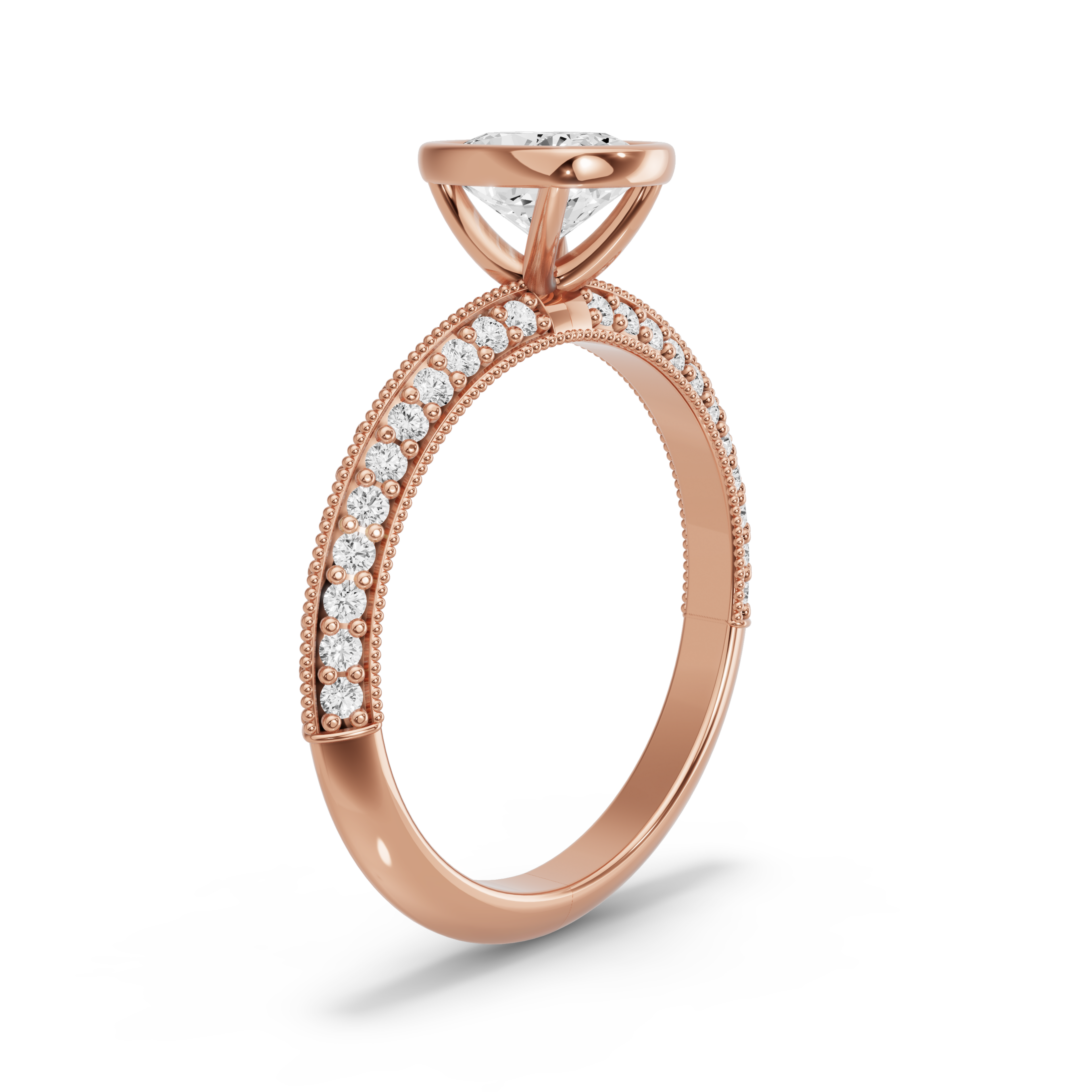 Image for Cushion Classic Bezel Ring with Knife Edge Pave band in 18K Rose Gold