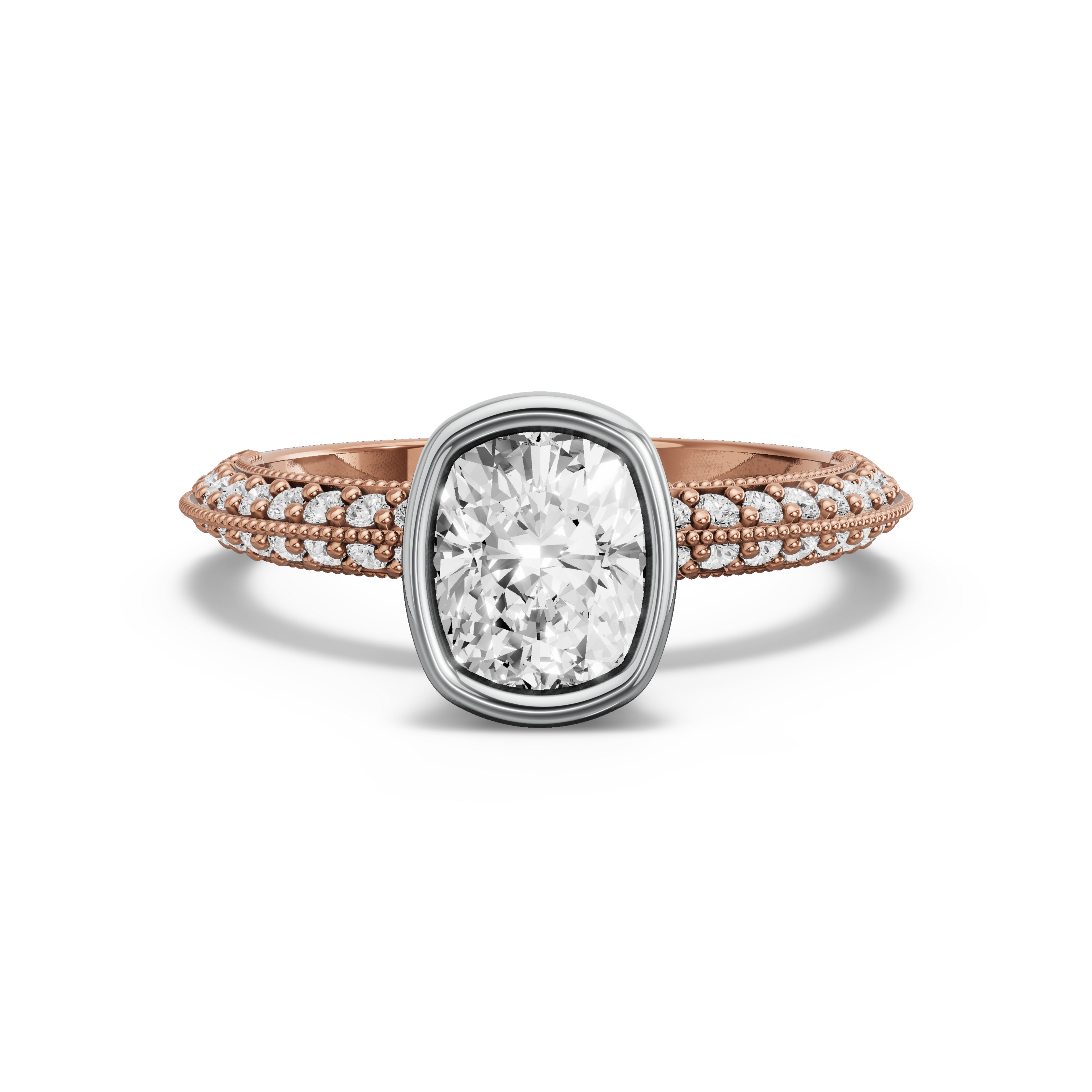 Image for Cushion Classic Bezel Ring with Knife Edge Pave band in 10K Two Tone Rose Gold