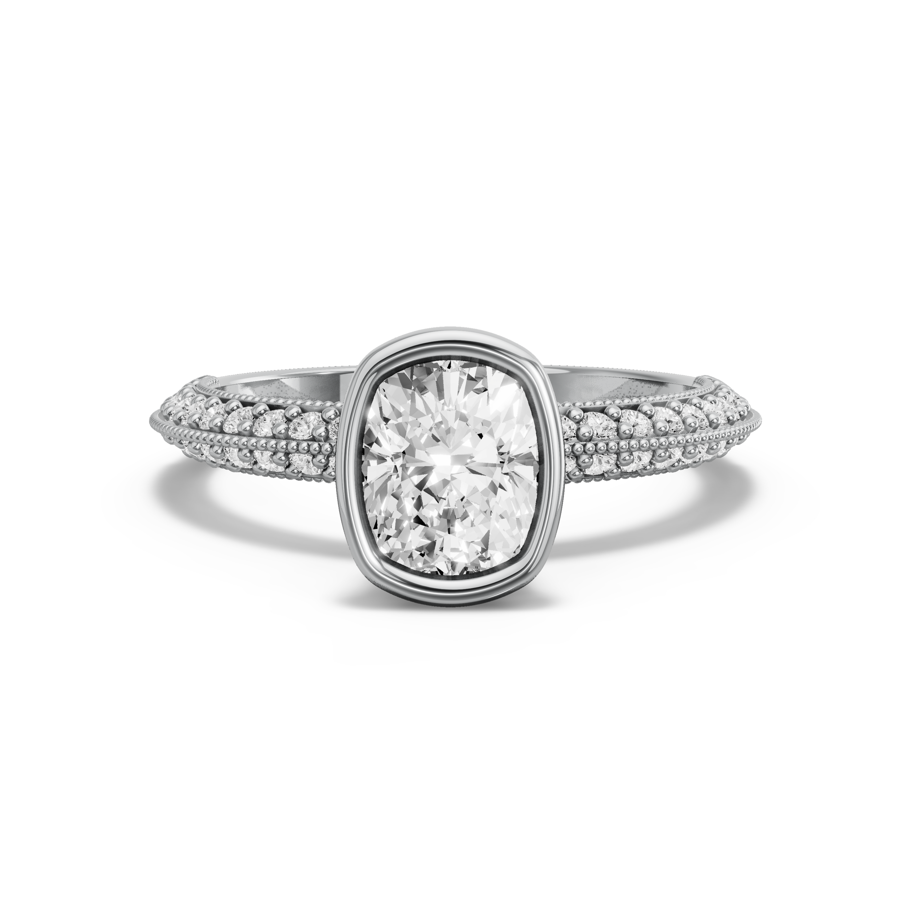 Image for Cushion Classic Bezel Ring with Knife Edge Pave band in 14K White Gold