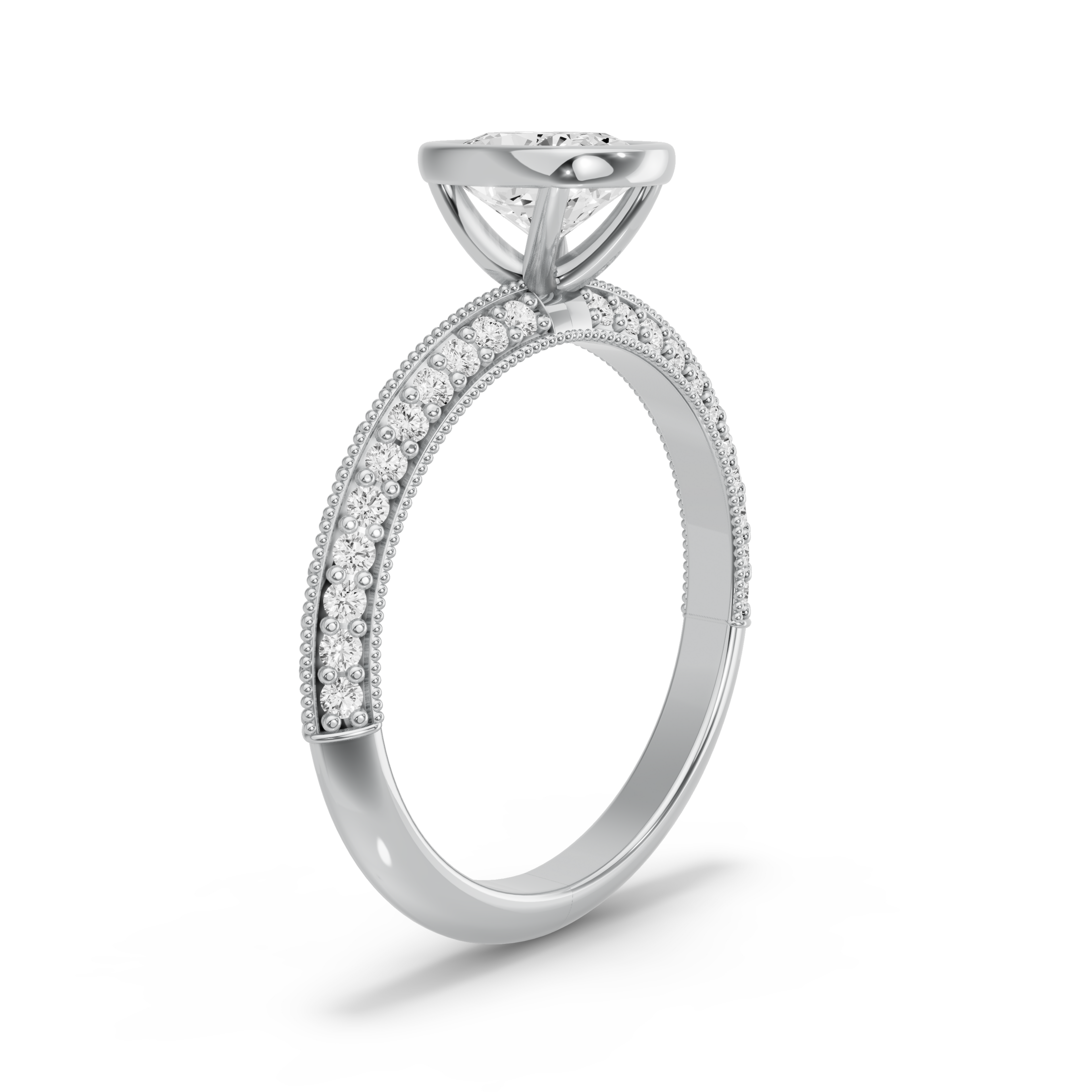 Image for Cushion Classic Bezel Ring with Knife Edge Pave band in 10K White Gold