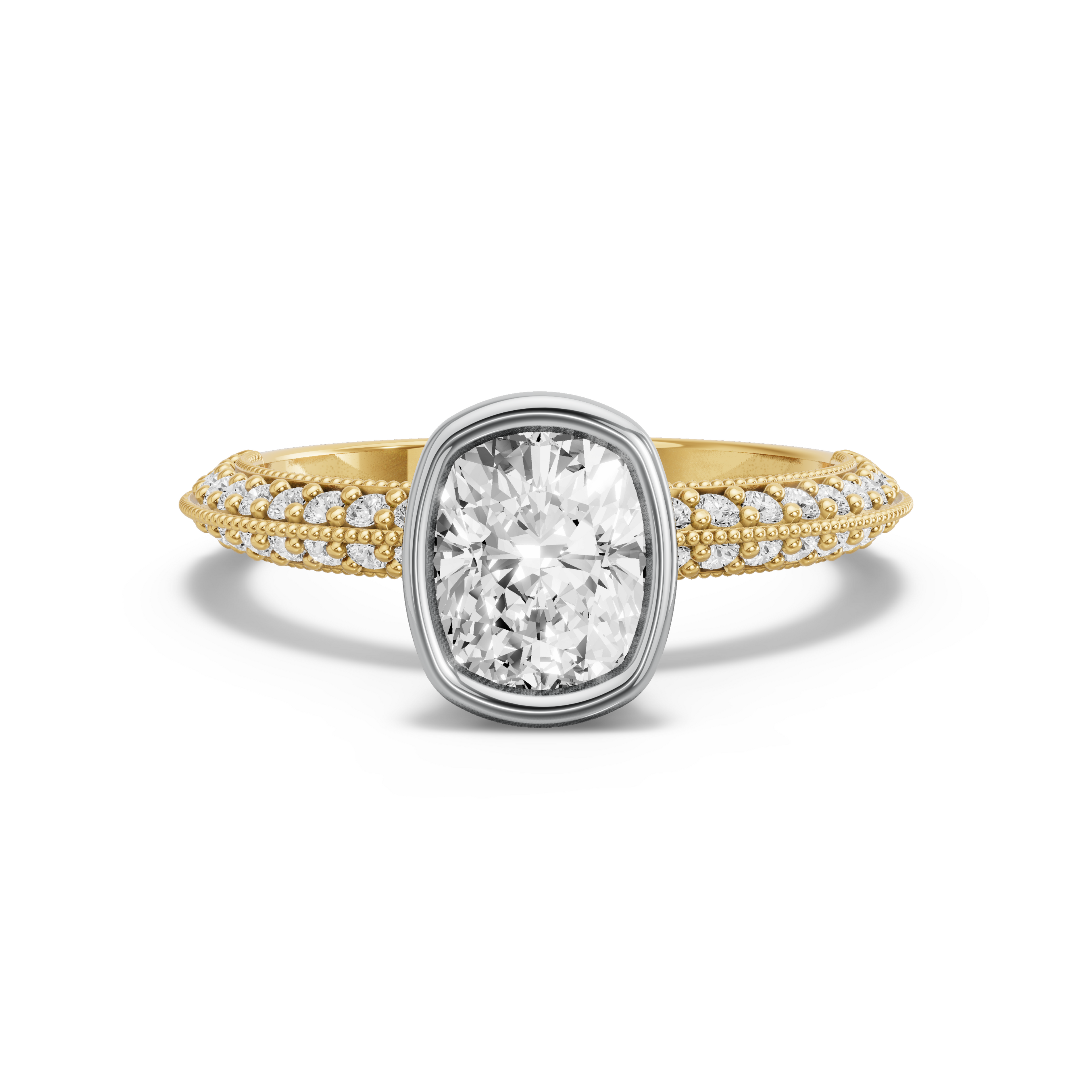 Image for Cushion Classic Bezel Ring with Knife Edge Pave band in 10K Two Tone Yellow Gold