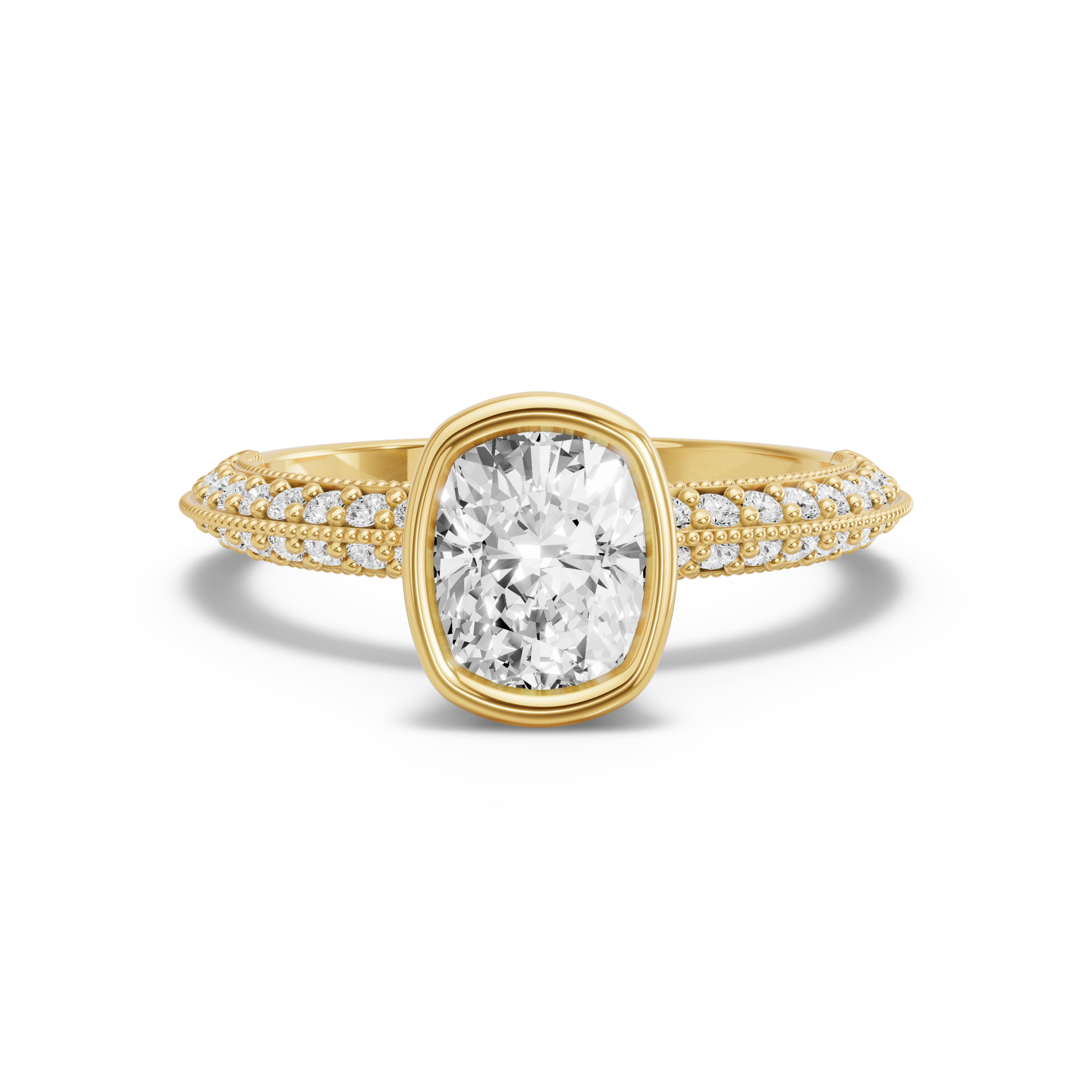 Image for Cushion Classic Bezel Ring with Knife Edge Pave band in 14K Yellow Gold