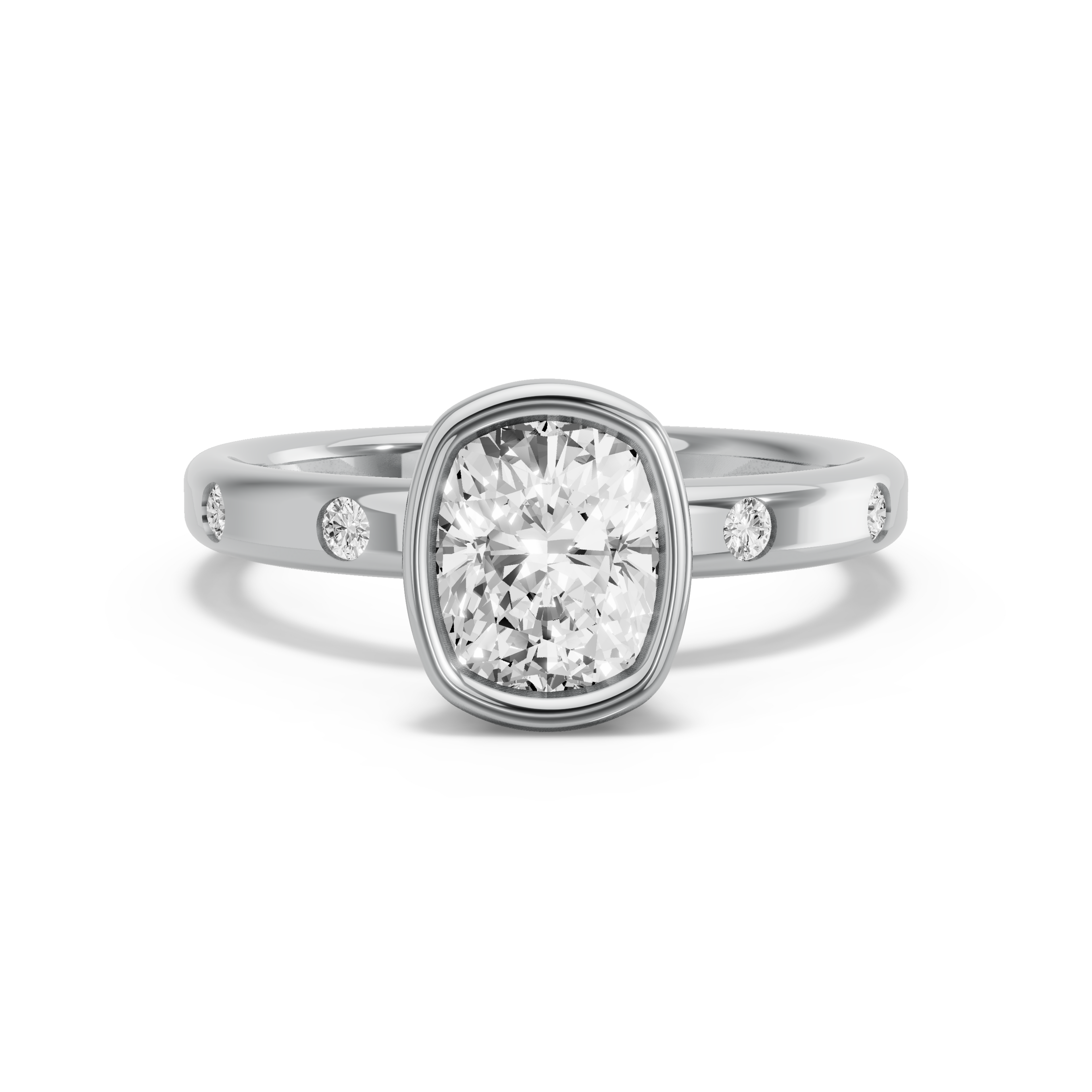 Image for Cushion Classic Bezel Ring with Sleek Accent band in 14K White Gold