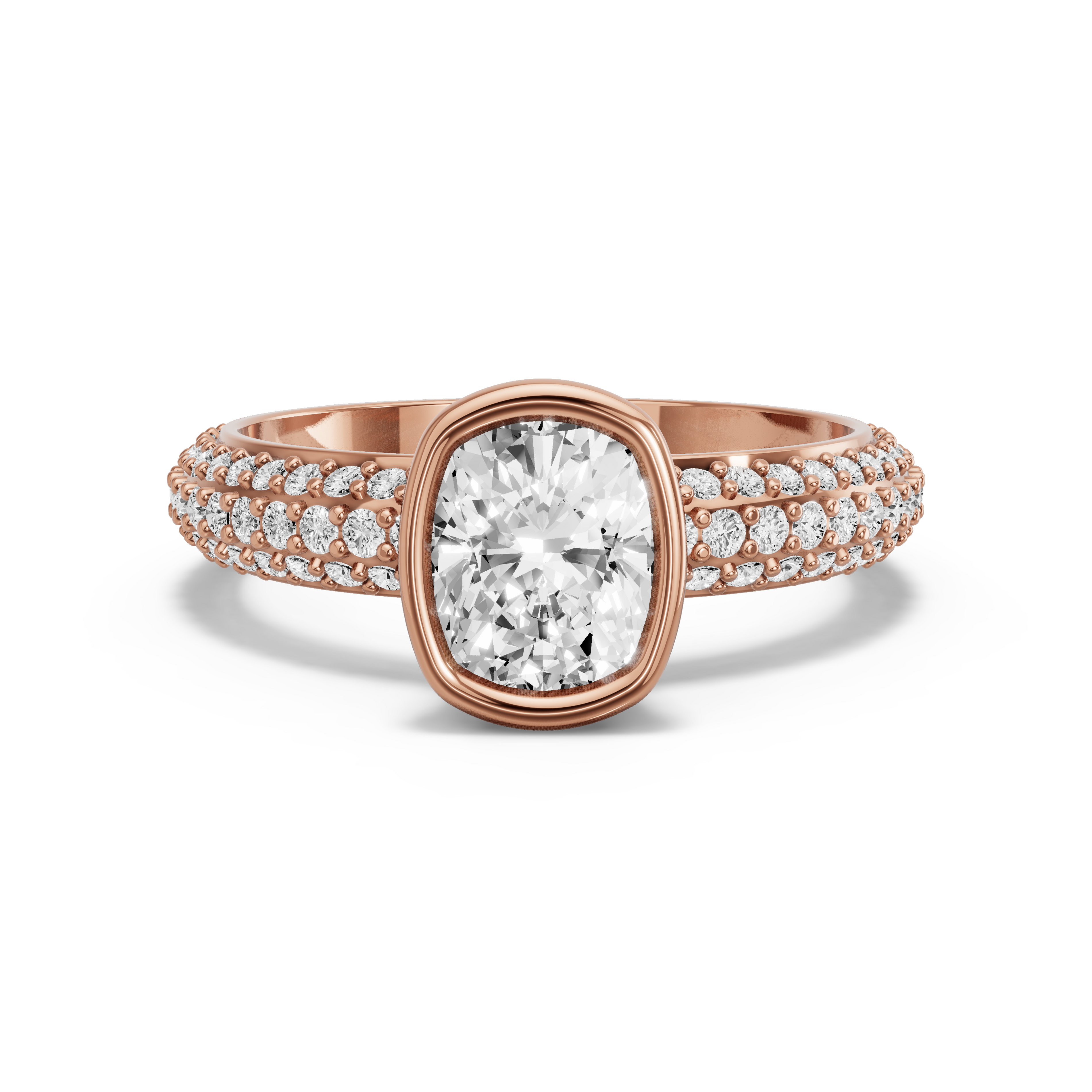 Image for Cushion Classic Bezel Ring with Triple Row Pave band in 10K Rose Gold