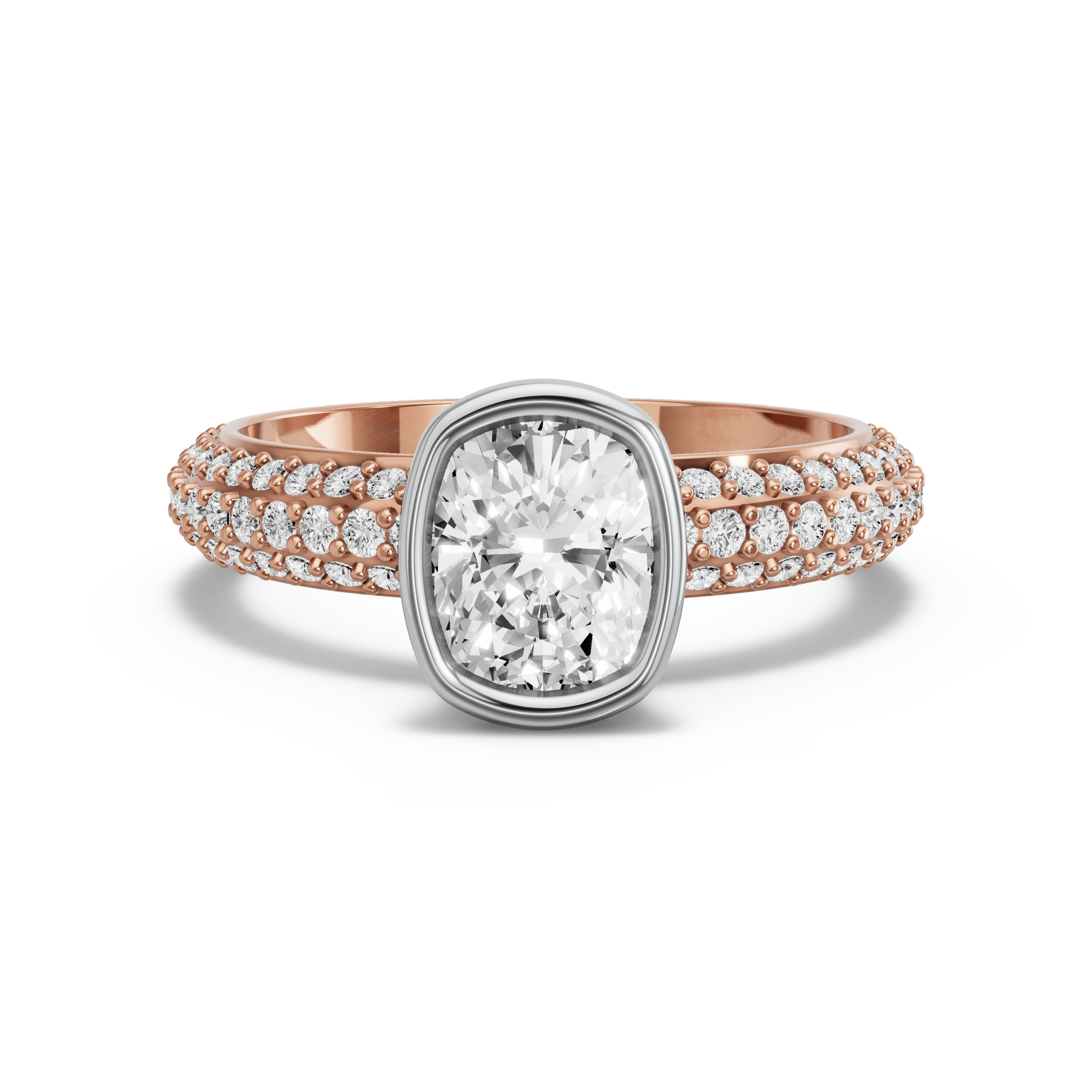 Image for Cushion Classic Bezel Ring with Triple Row Pave band in 18K Two Tone Rose Gold