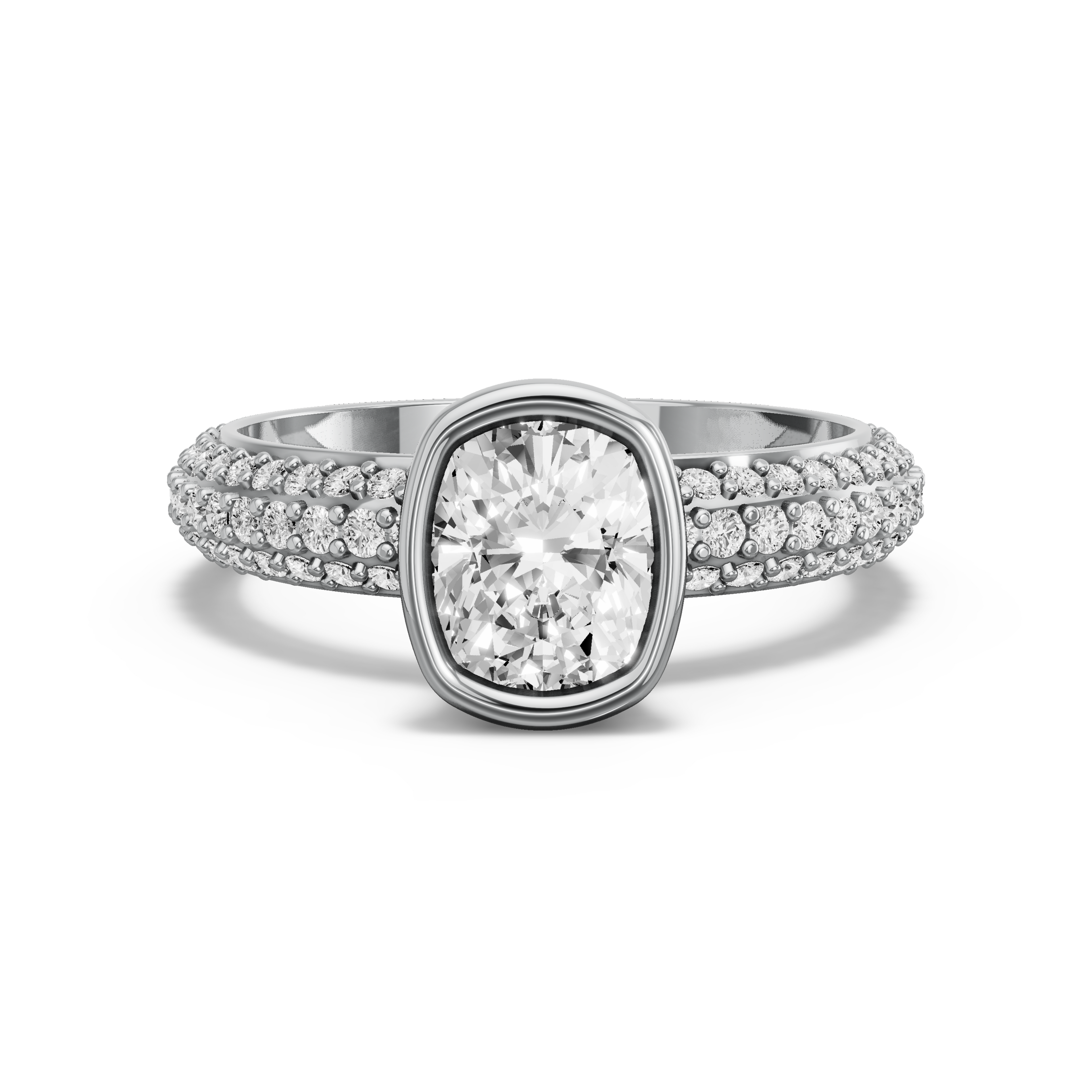 Image for Cushion Classic Bezel Ring with Triple Row Pave band in 950 Platinum