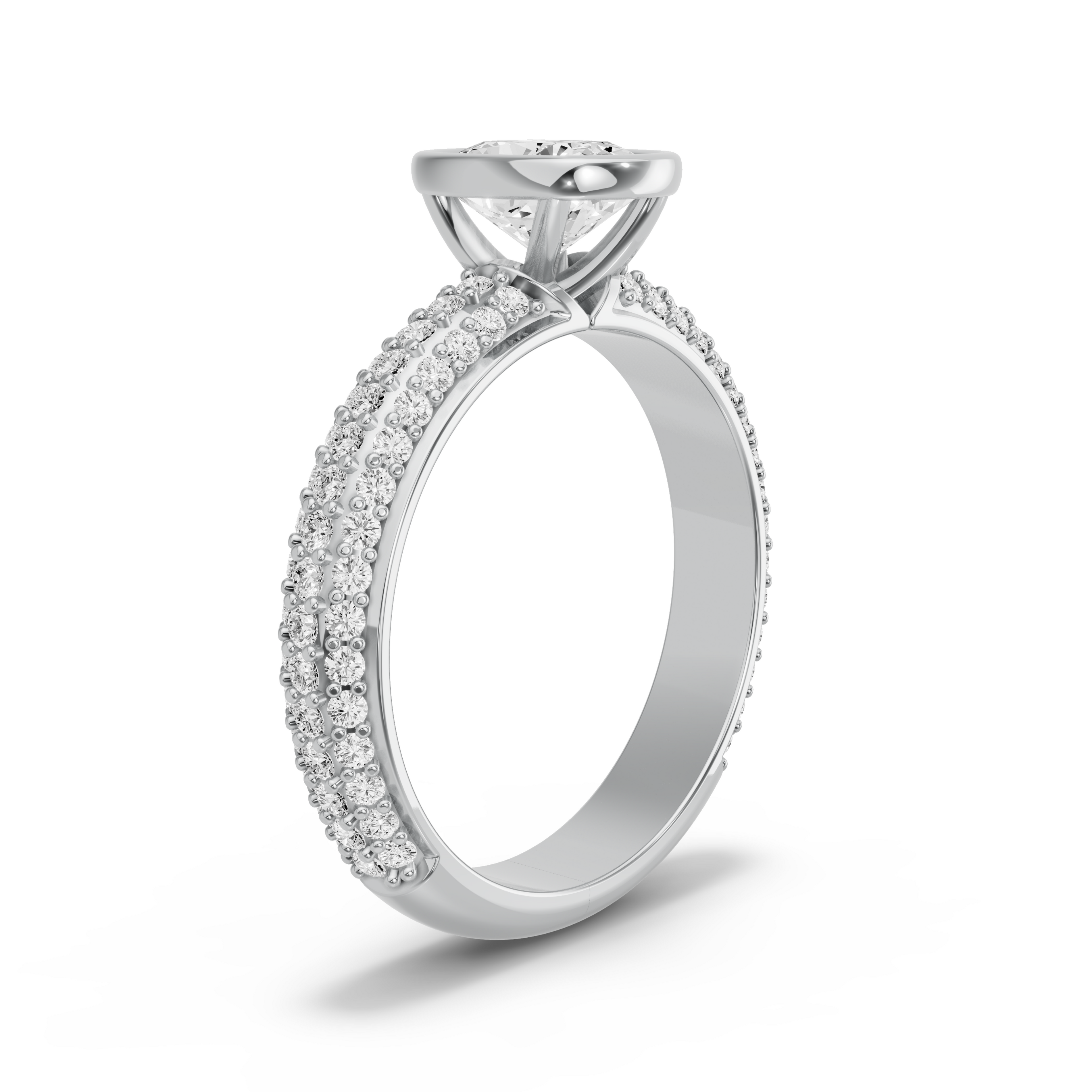 Image for Cushion Classic Bezel Ring with Triple Row Pave band in 18K White Gold