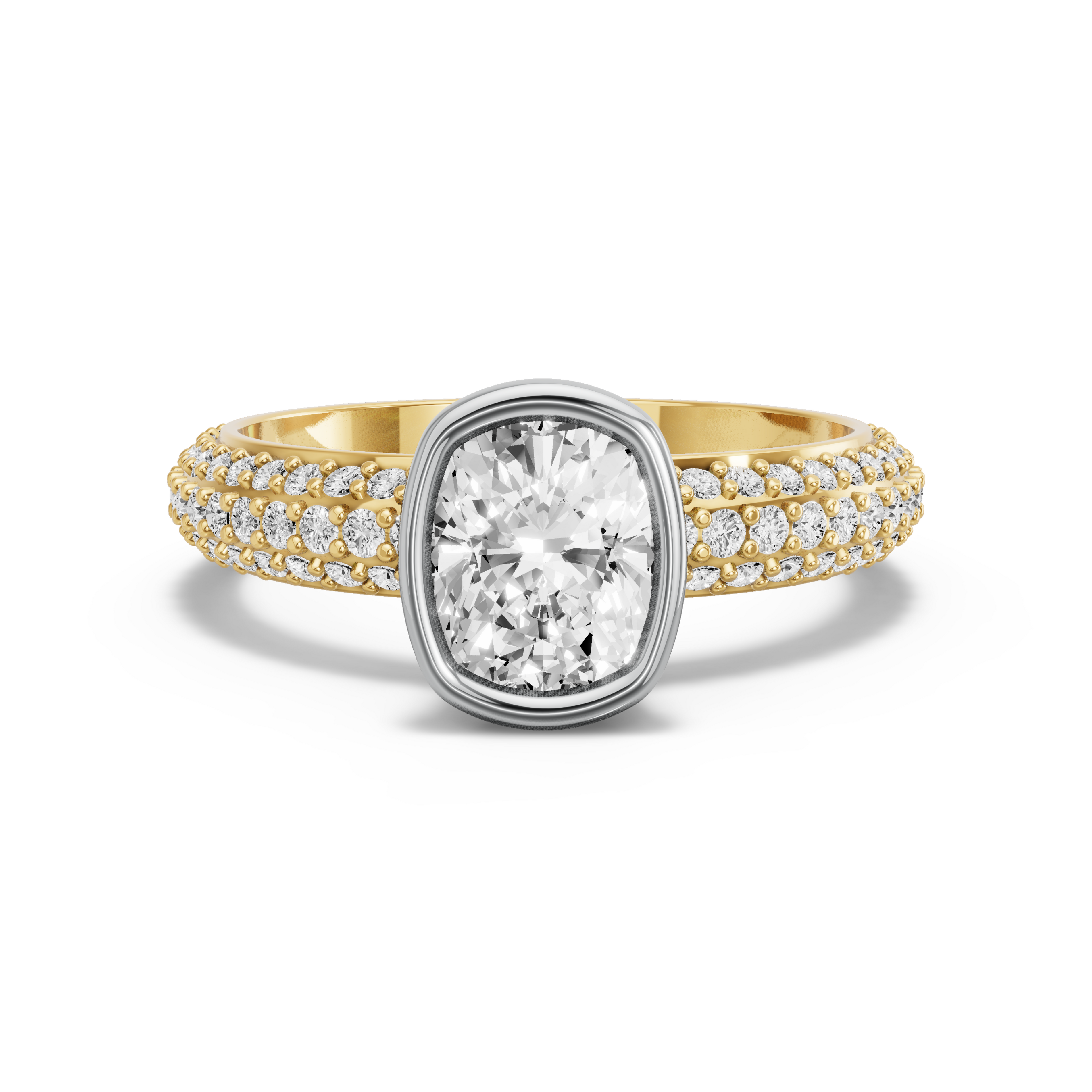 Image for Cushion Classic Bezel Ring with Triple Row Pave band in 10K Two Tone Yellow Gold