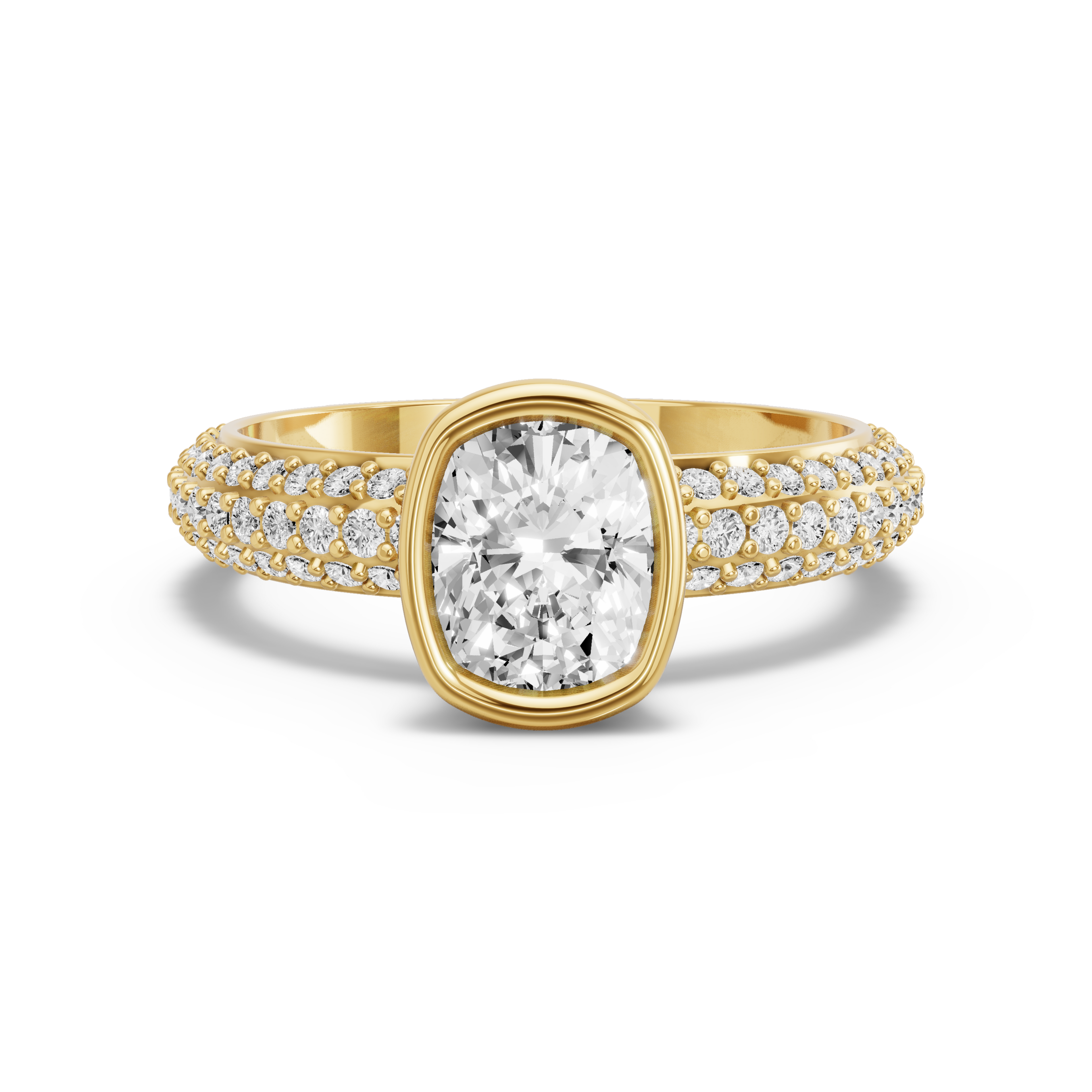 Image for Cushion Classic Bezel Ring with Triple Row Pave band in 10K Yellow Gold