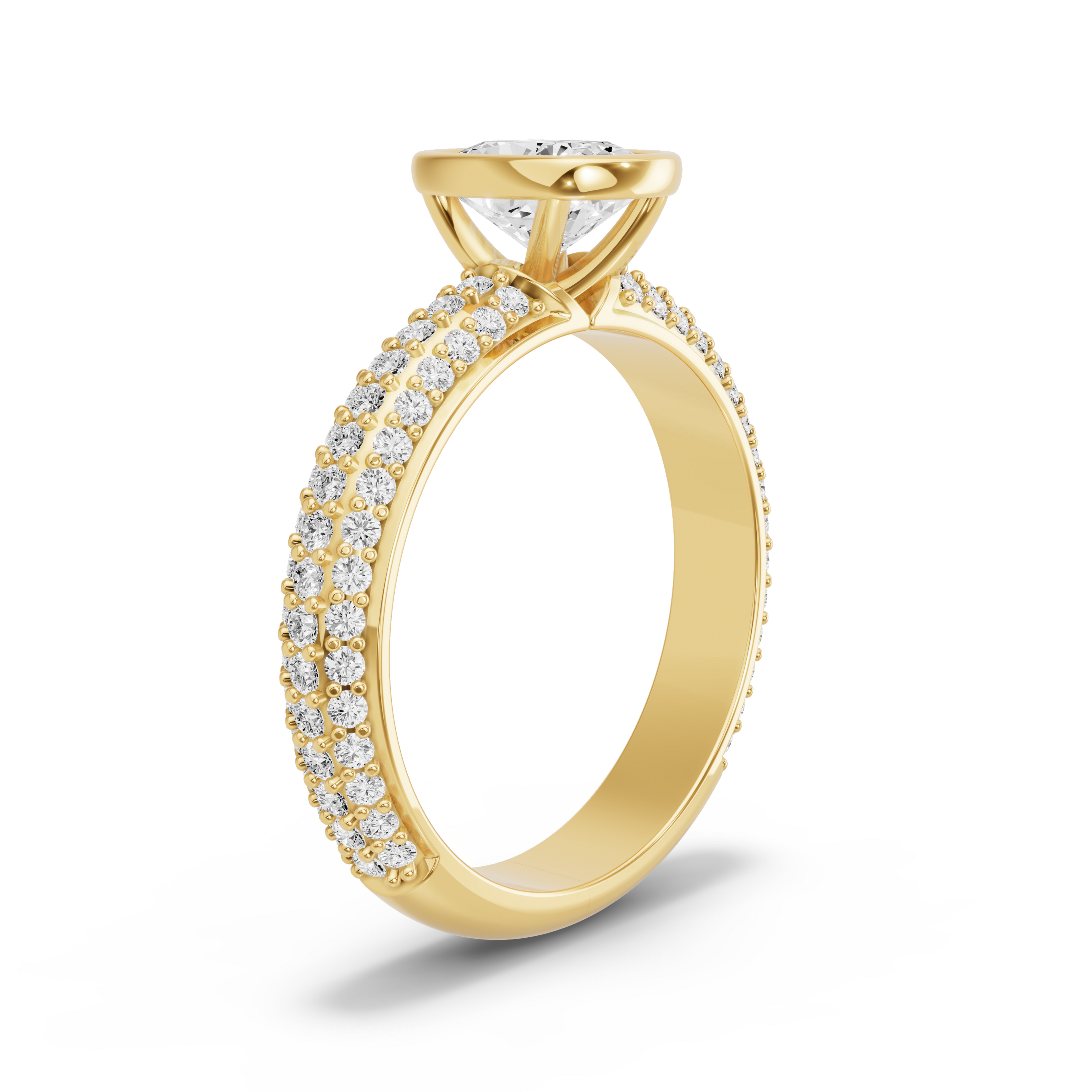 Image for Cushion Classic Bezel Ring with Triple Row Pave band in 18K Yellow Gold
