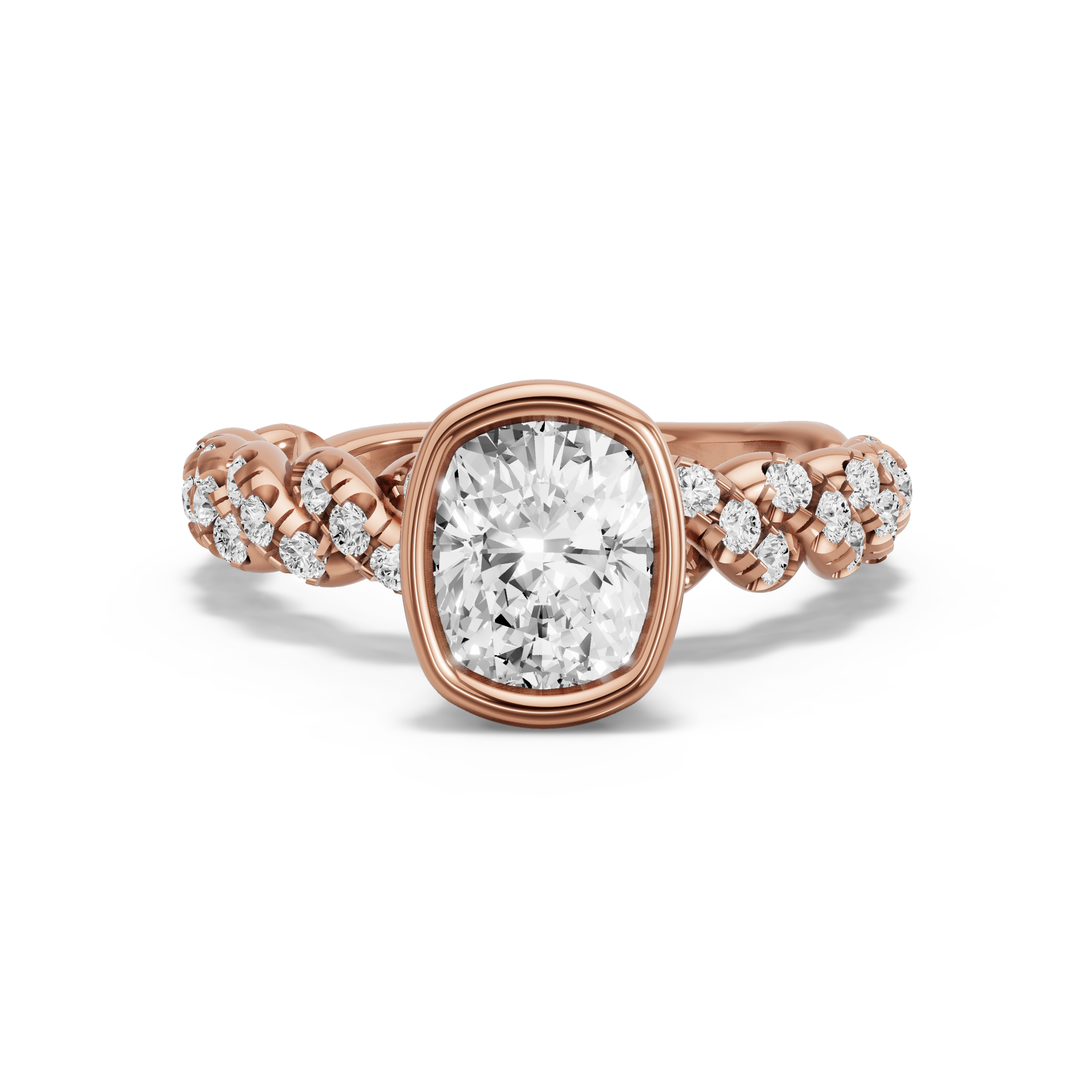 Image for Cushion Classic Bezel Ring with Twist Pave band in 18K Rose Gold