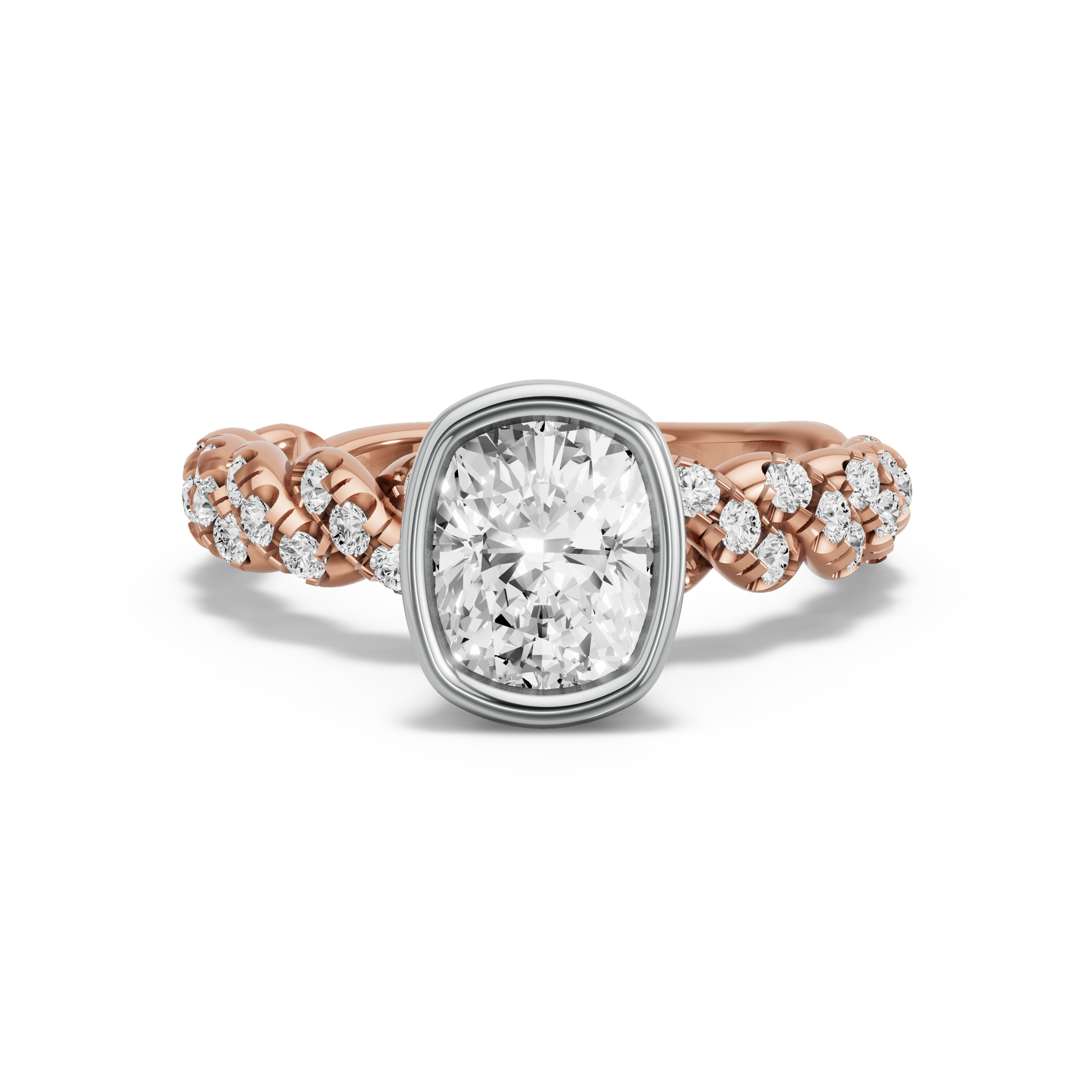 Image for Cushion Classic Bezel Ring with Twist Pave band in 18K Two Tone Rose Gold