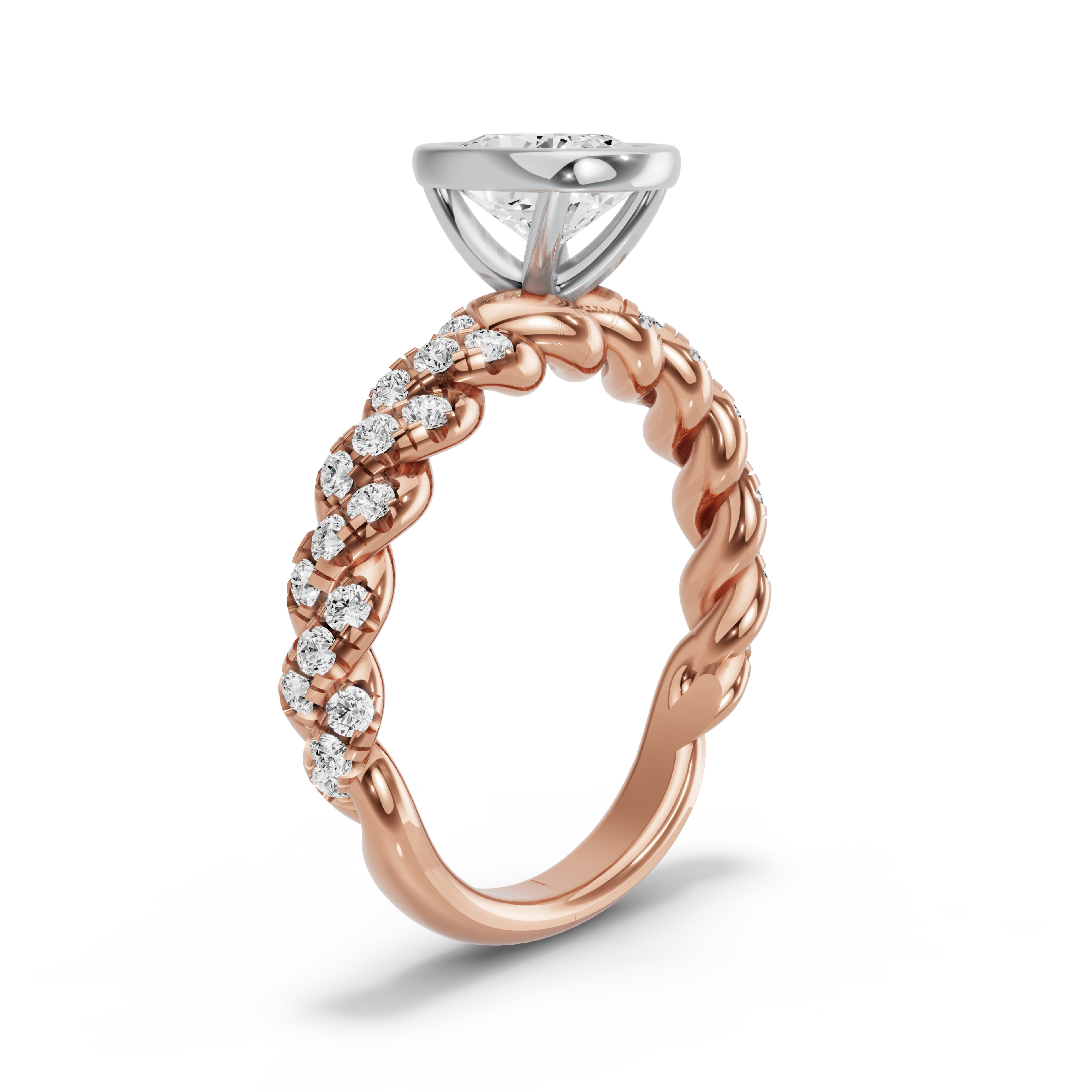 Image for Cushion Classic Bezel Ring with Twist Pave band in 14K Two Tone Rose Gold