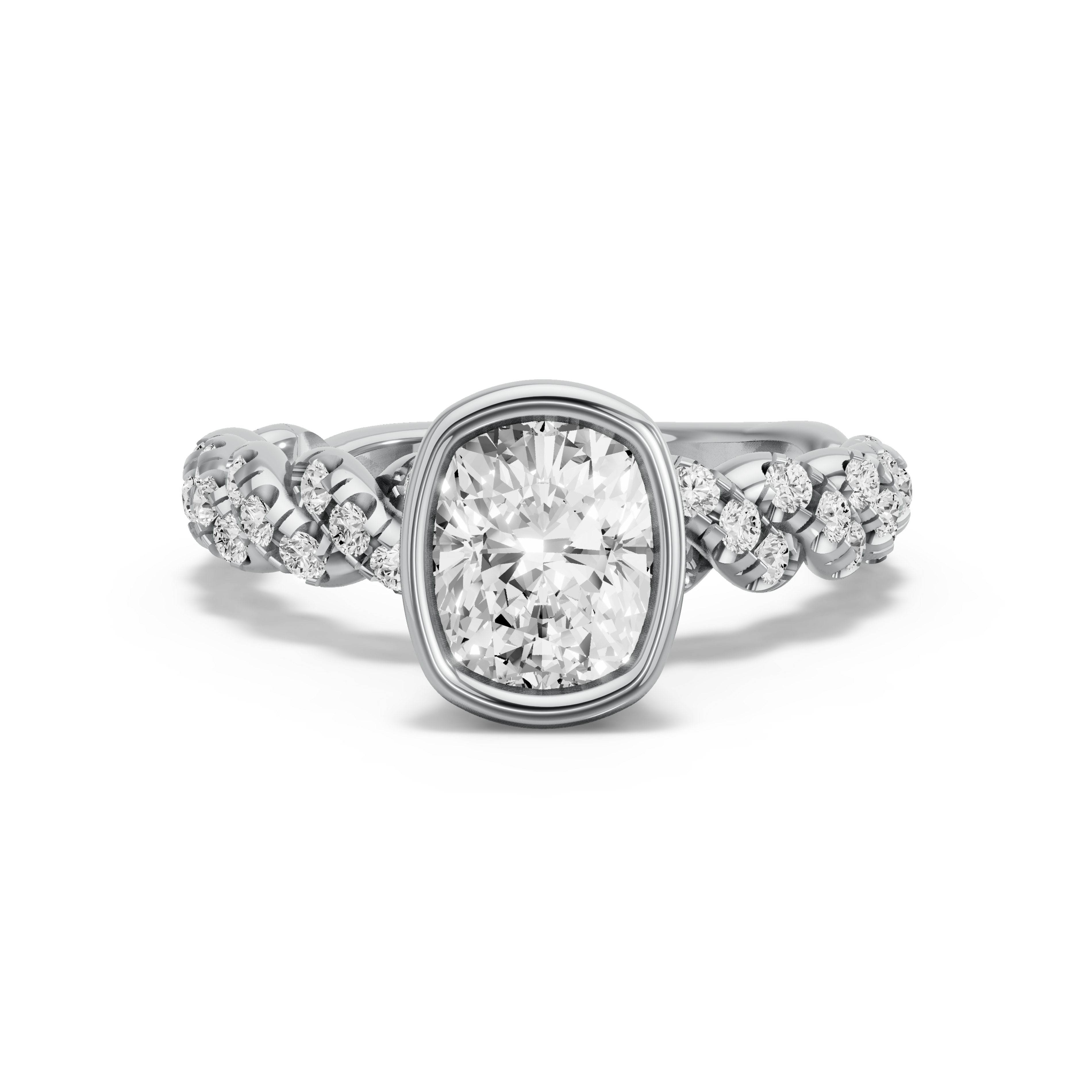 Image for Cushion Classic Bezel Ring with Twist Pave band in 10K White Gold